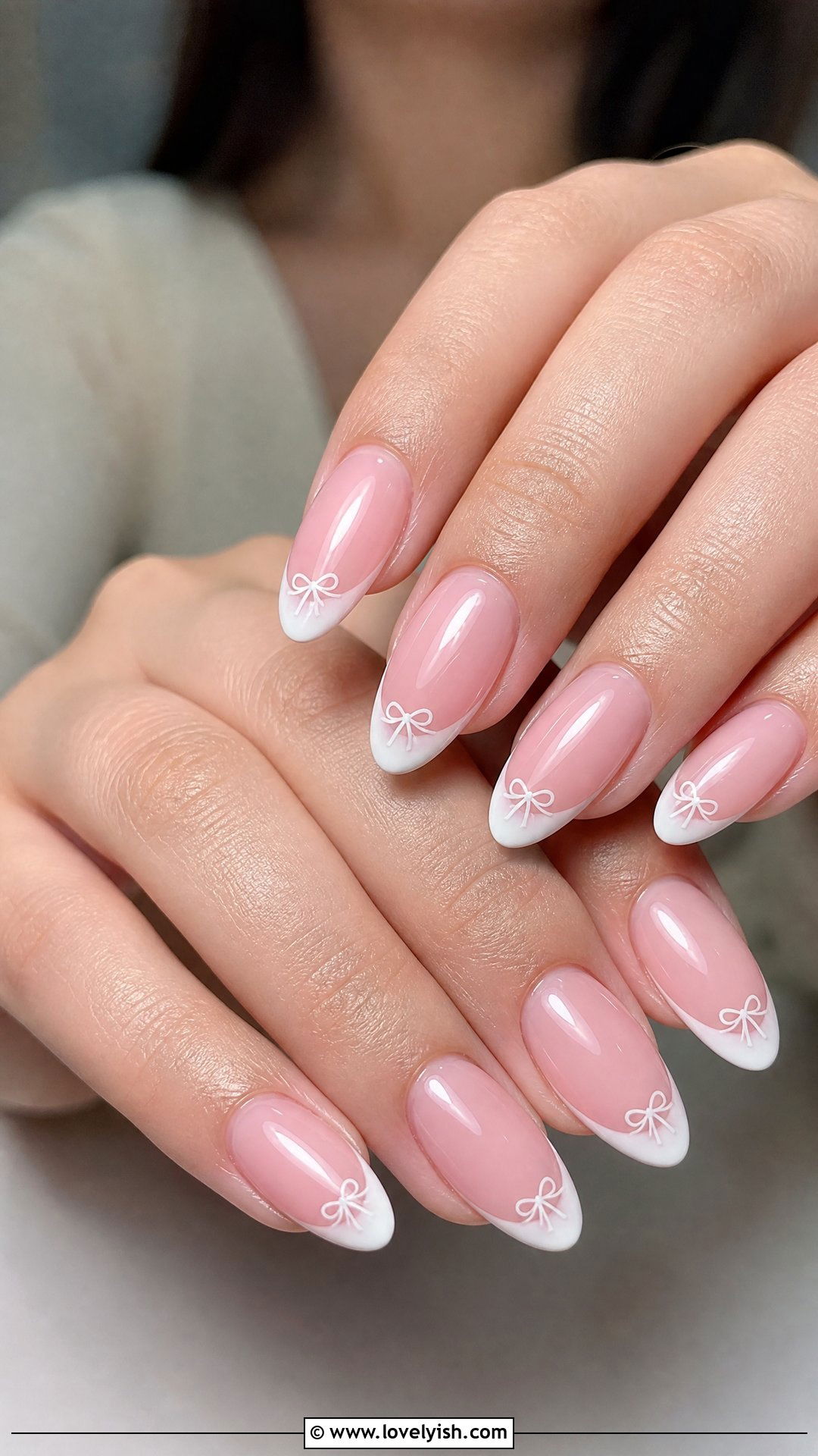 Light Pink Bow French Tip Nails - 50 dainty nails - 50 dainty nails
