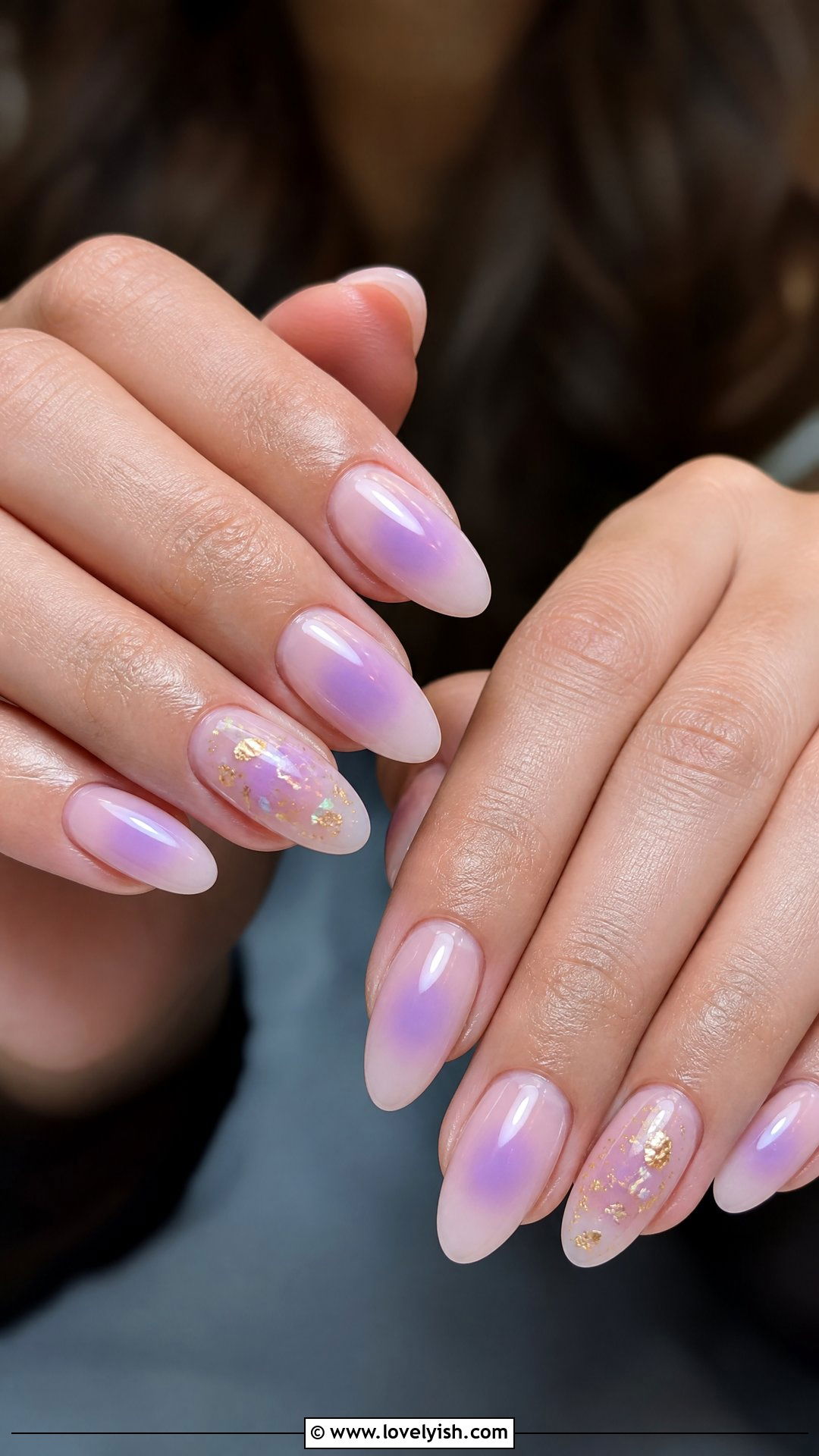 Lilac Aura Nails with Gold Flakes - 25 aura nail designs - 25 aura nail designs