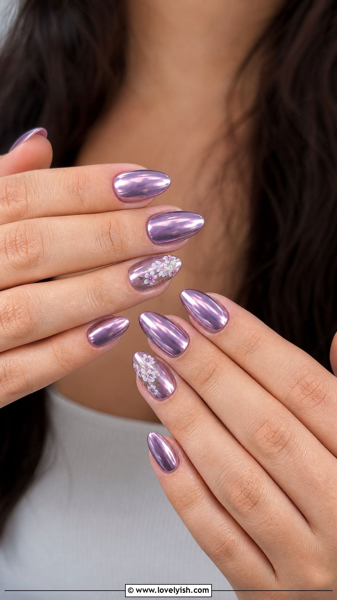 Lilac Chrome with Floral Accent Nails - 25 chrome nails design ideas - 25 chrome nails design ideas