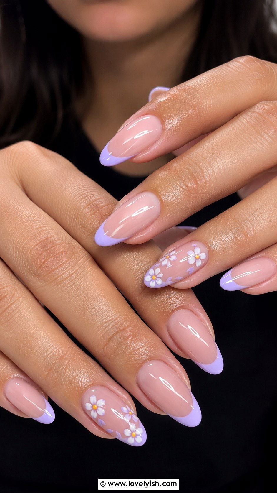 Lilac French Tip With Floral Accents - 50 pastel french tip nails - 50 pastel french tip nails