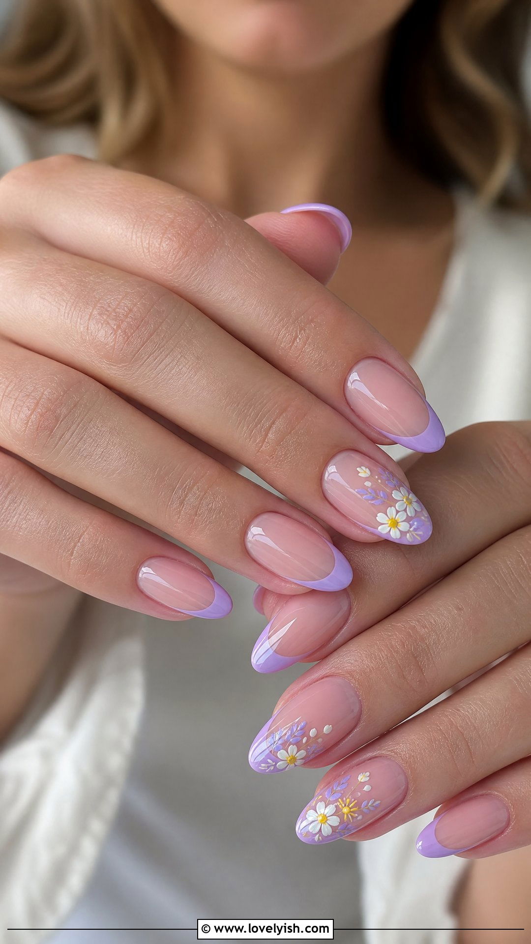 Lilac French Tips with Flowers - 50 cute spring nail designs - 50 cute spring nail designs
