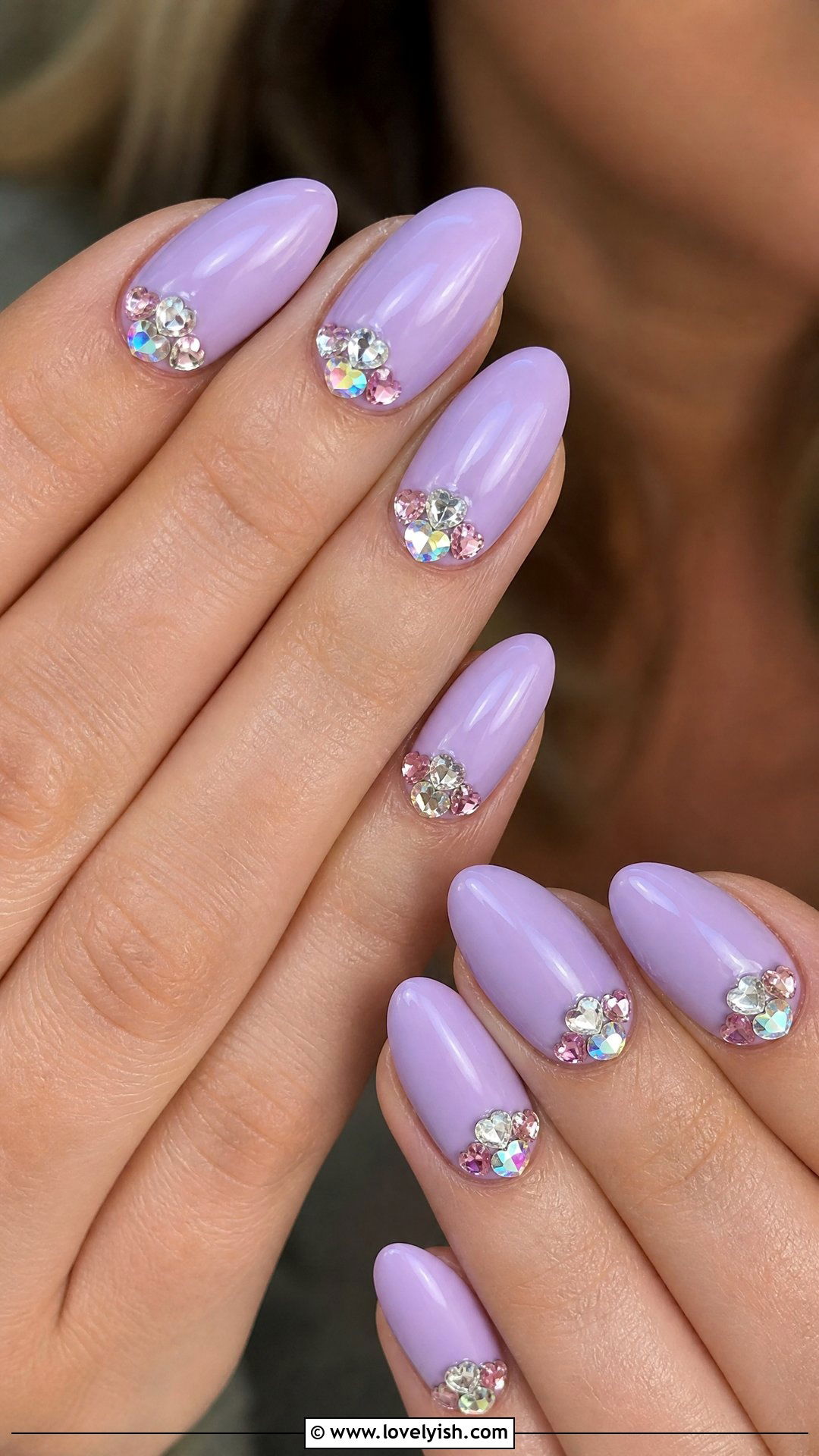 Lilac Nails With Rhinestone Heart Cluster - 29 nail designs with rhinestones - 29 nail designs with rhinestones