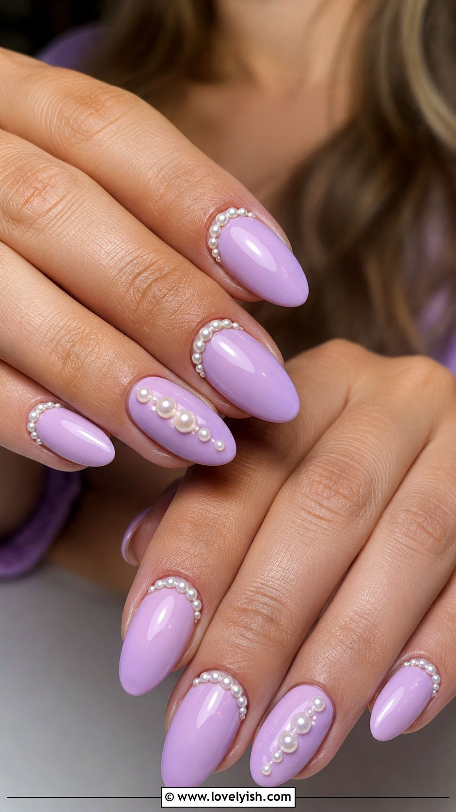 Lilac with Pearl Embellishments - 33 purple nail design ideas - 33 purple nail design ideas