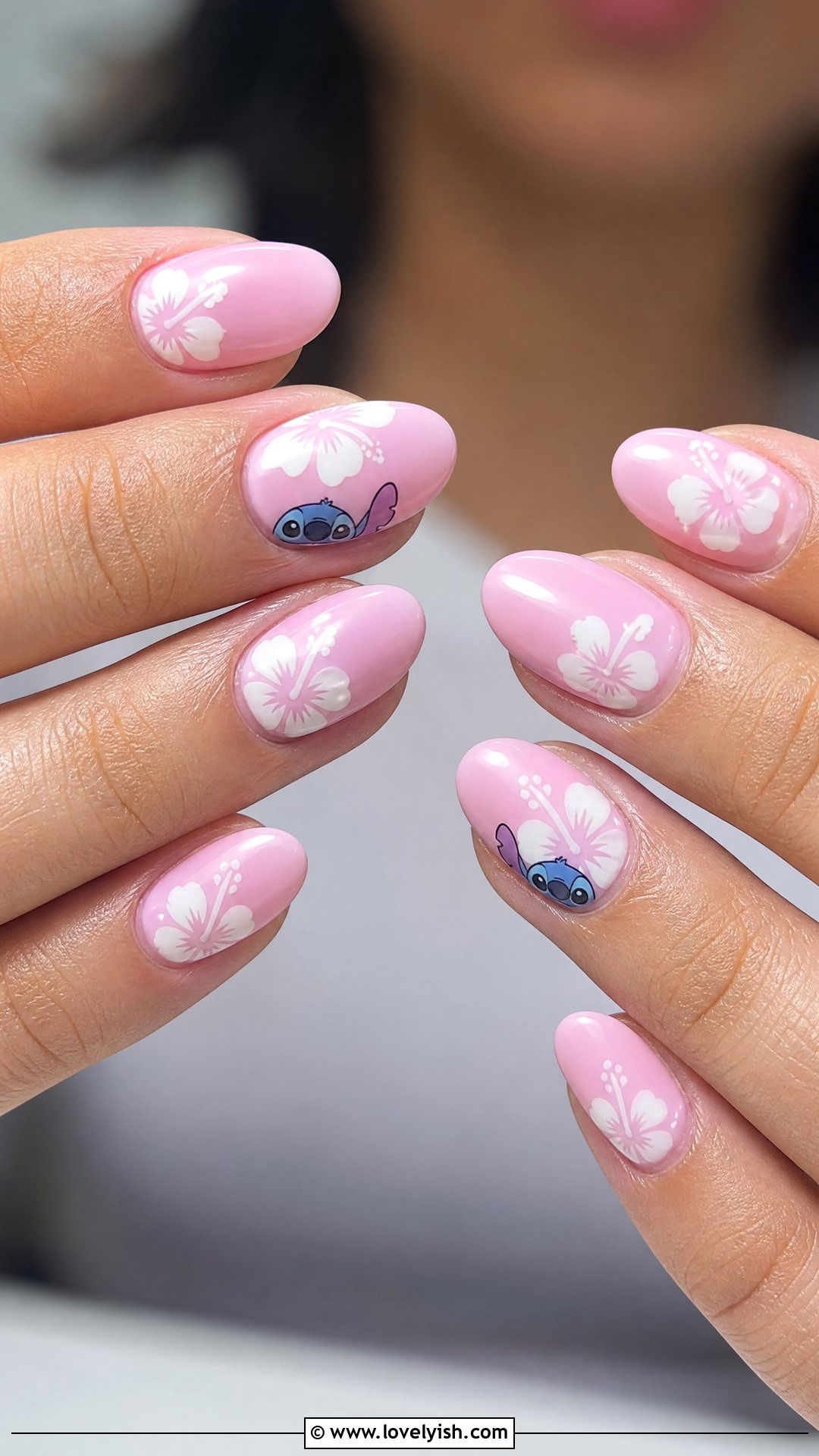 Lilo and Stitch Pink Floral Nails - 50 disney nail designs - 50 disney nail designs