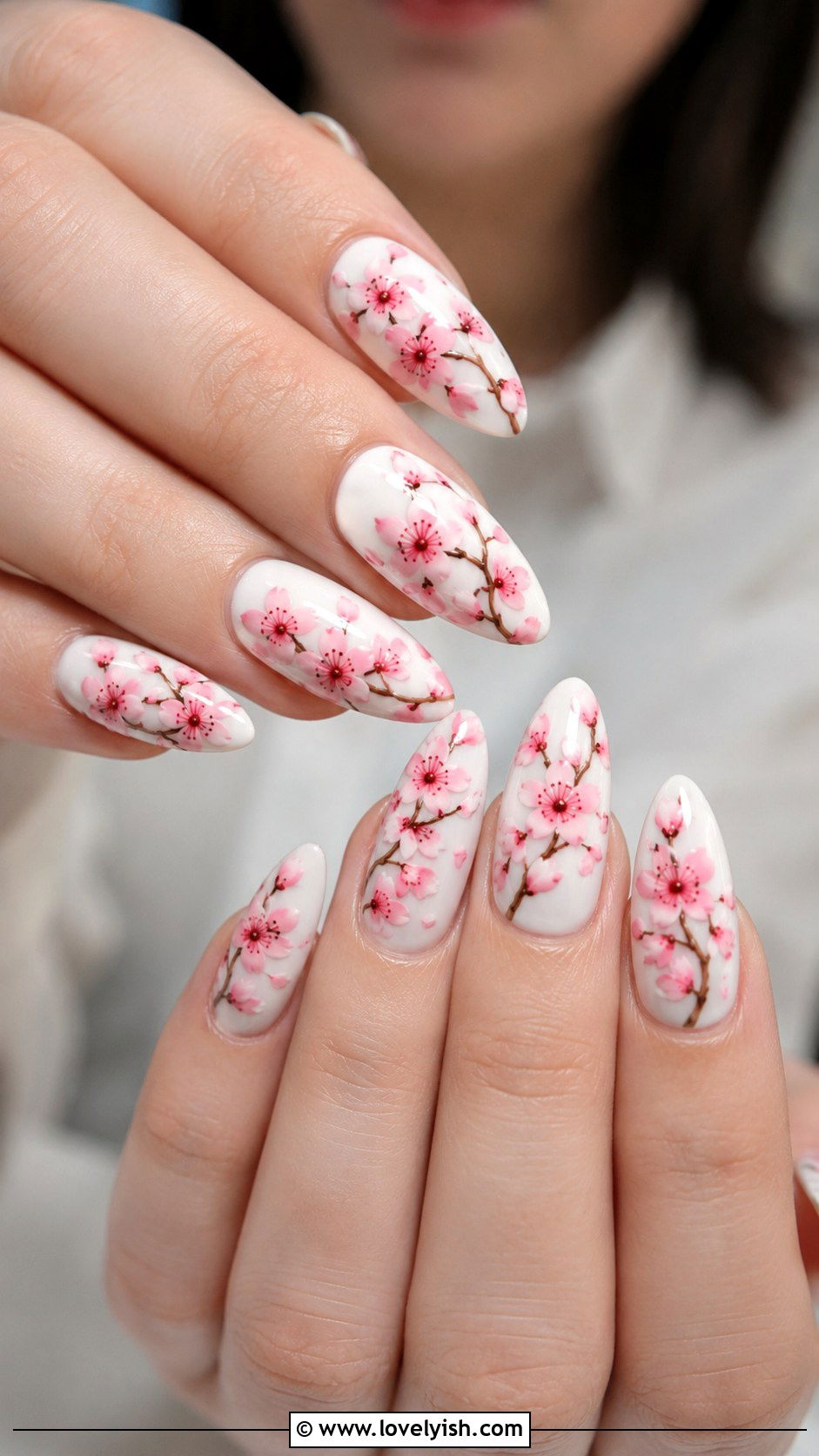 Long Almond Cherry Blossom Nails - 50 long nail designs - 50 long nail designs