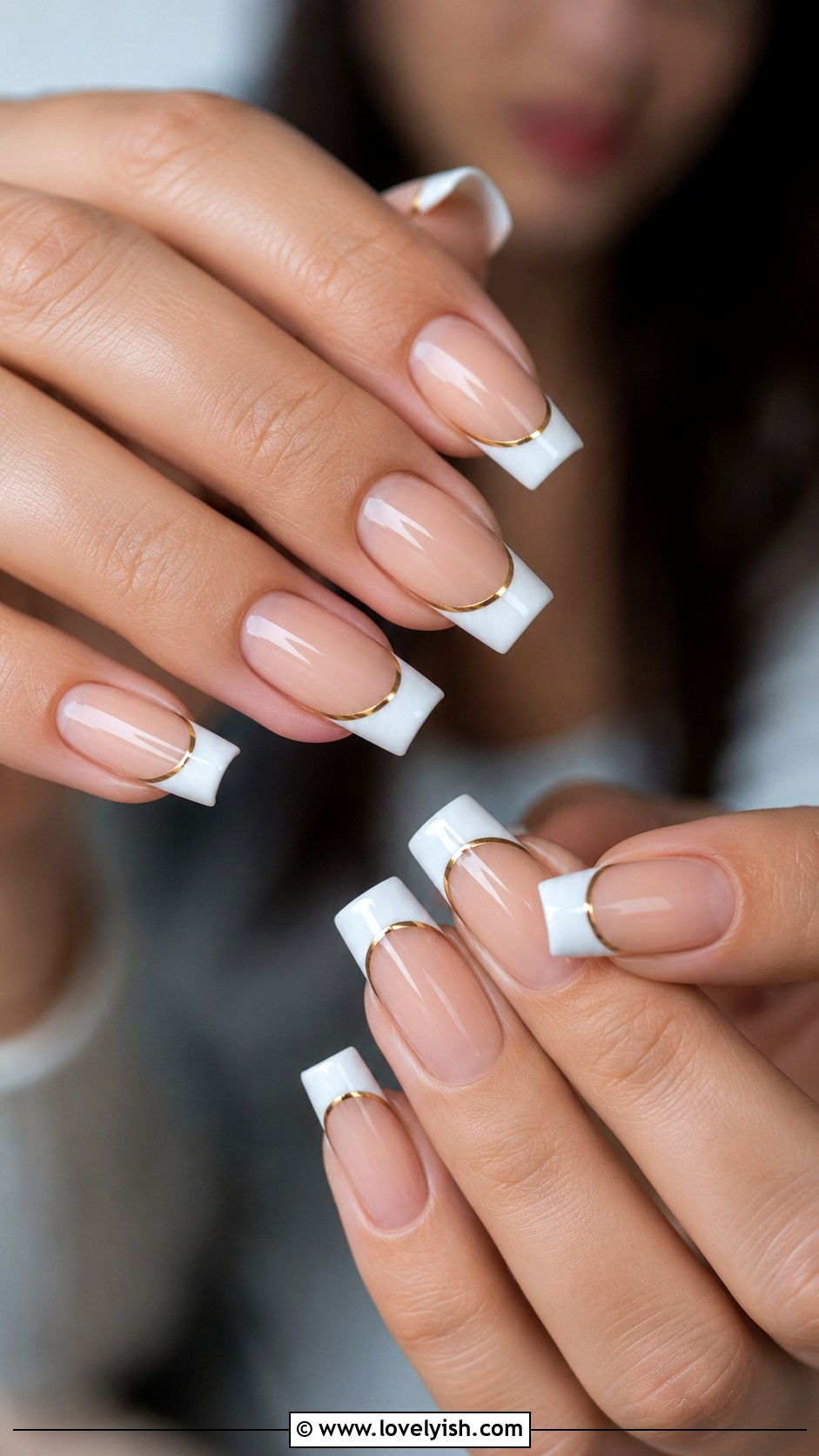 Long Square French Tip Nails With Gold Line - 50 long nail designs - 50 long nail designs