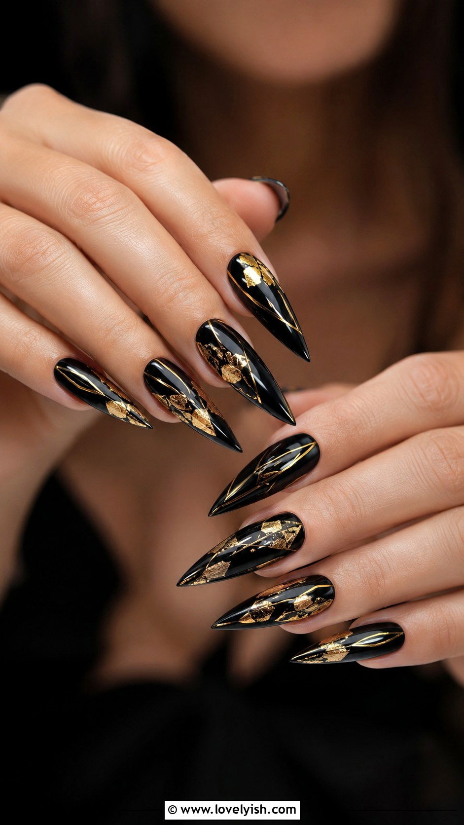Long Stiletto Black And Gold Nails - 50 long nail designs - 50 long nail designs