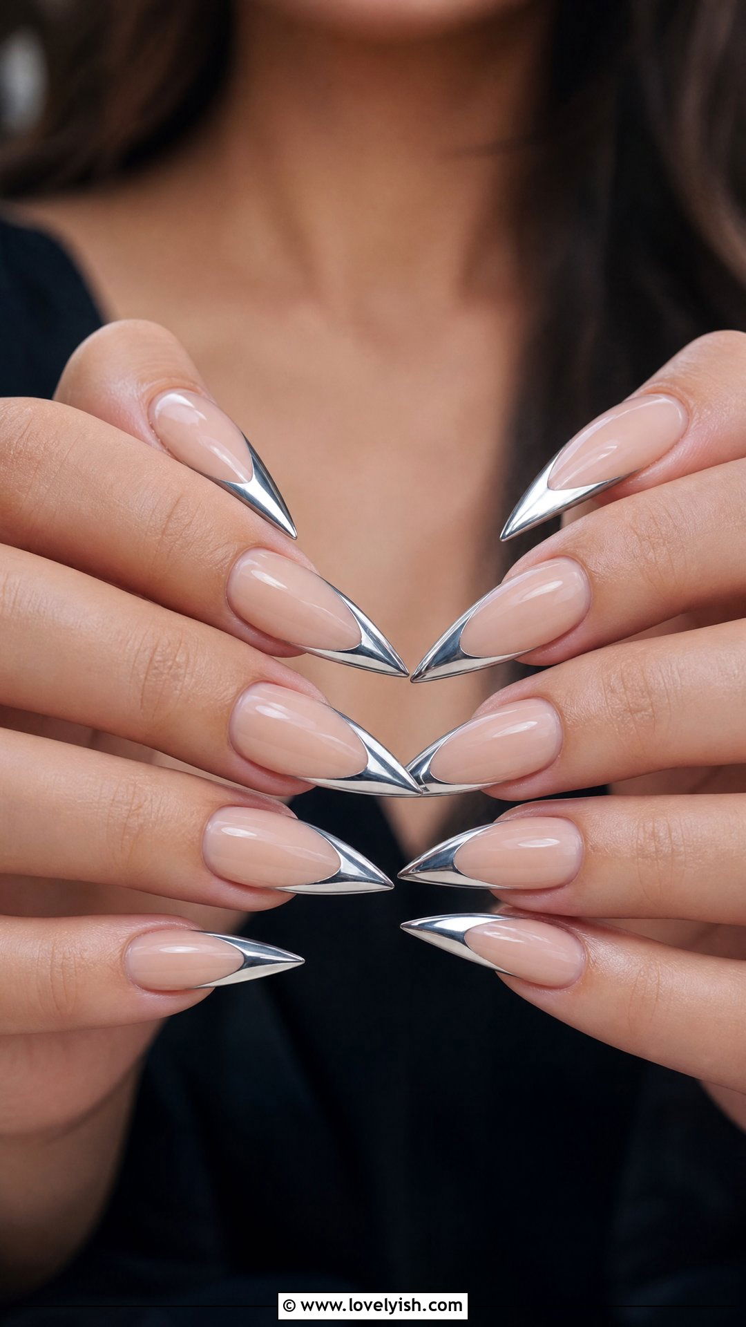 Long Stiletto Chrome French Tip Nails - 50 chrome french tip nails - 50 chrome french tip nails