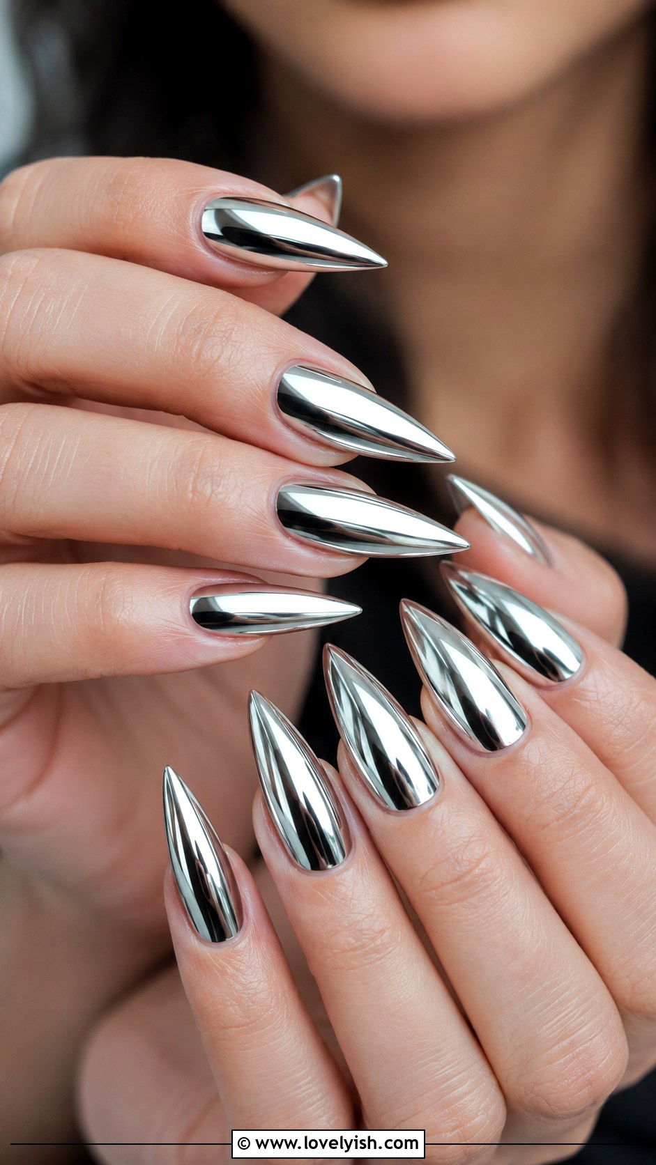Long Stiletto Silver Chrome Nails - 50 long nail designs - 50 long nail designs
