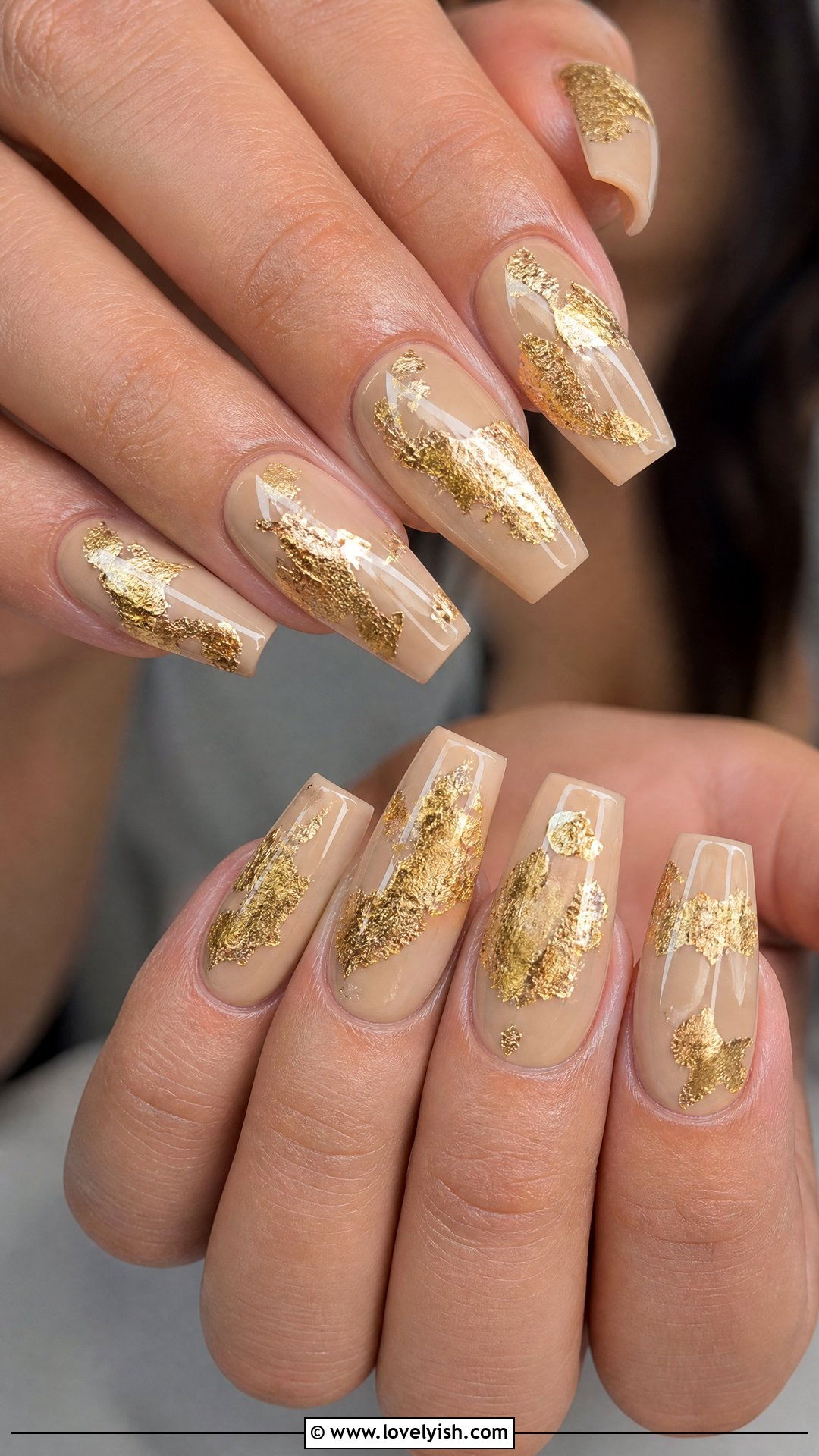 Luxe Gold Leaf and Nude Base Nails - 50 unique nail designs - 50 unique nail designs