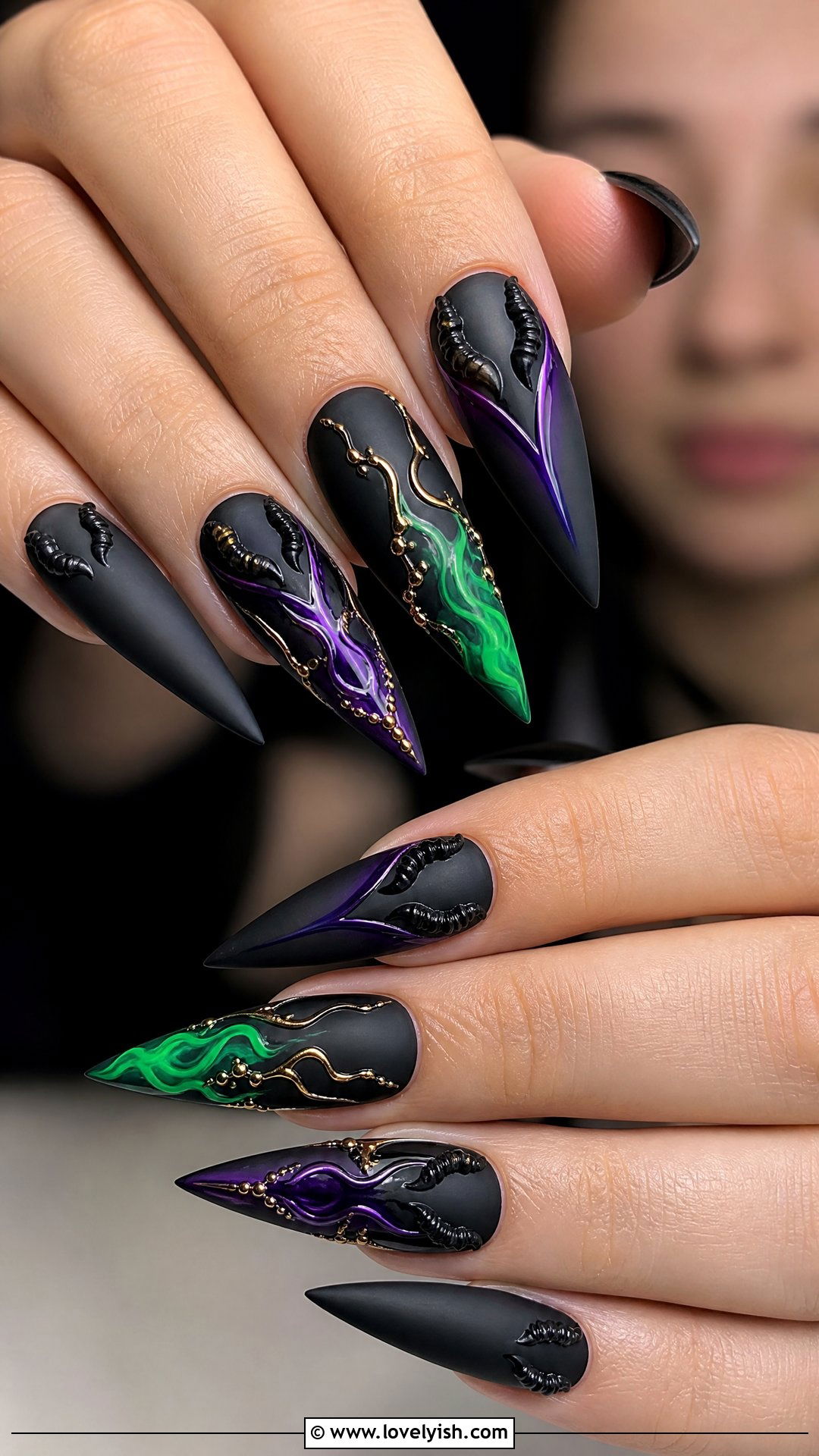 Maleficent Black Horns Nails - 50 disney nail designs - 50 disney nail designs