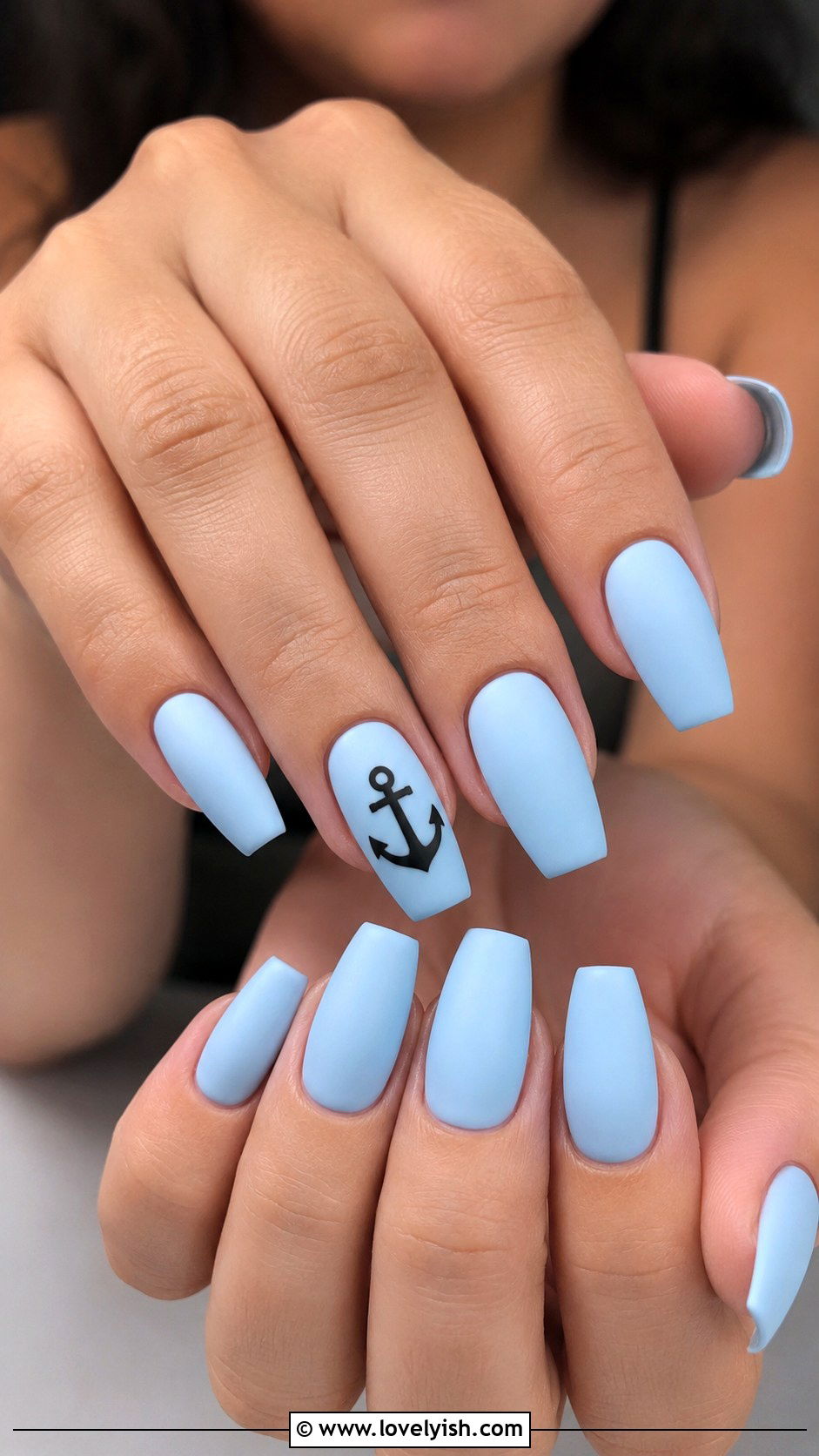 Matte Black Anchor on Sky Blue - 50 anchor nail designs - 50 anchor nail designs