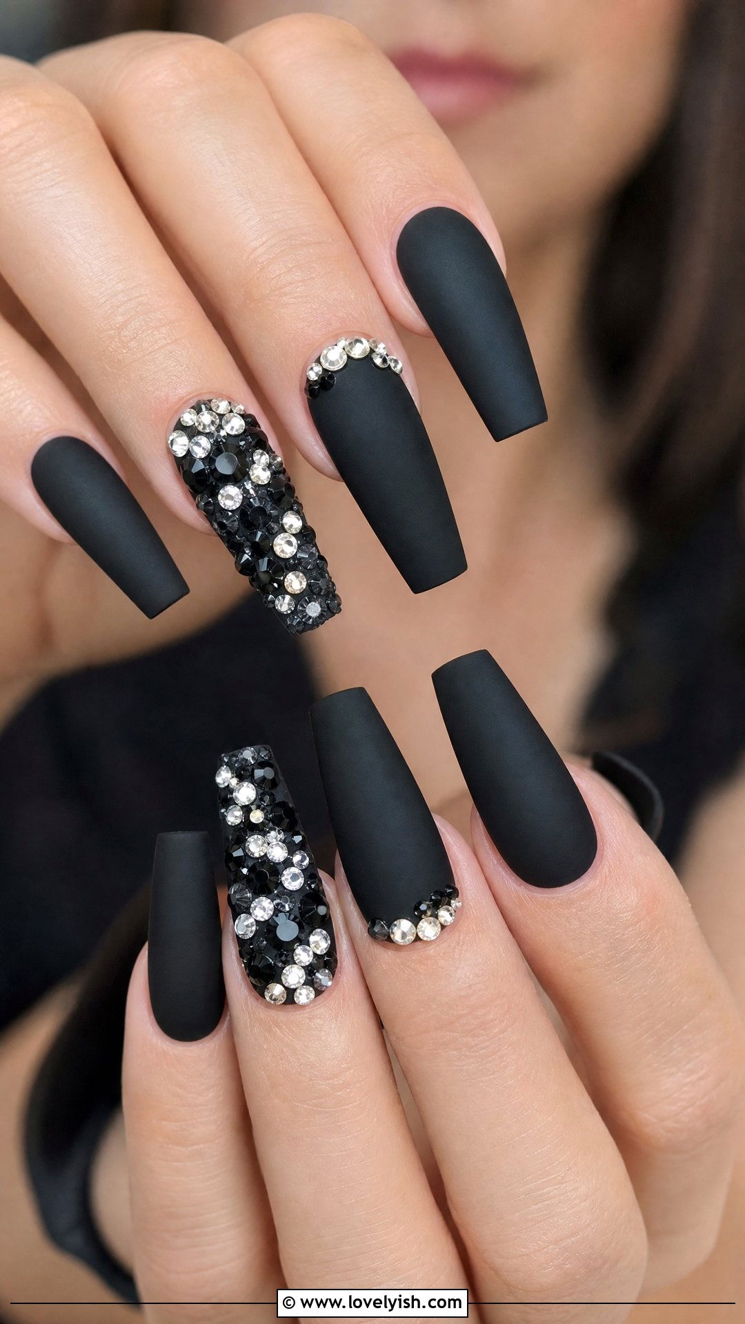 Matte Black Coffin Nails With Rhinestones - 50 matte black nails - 50 matte black nails