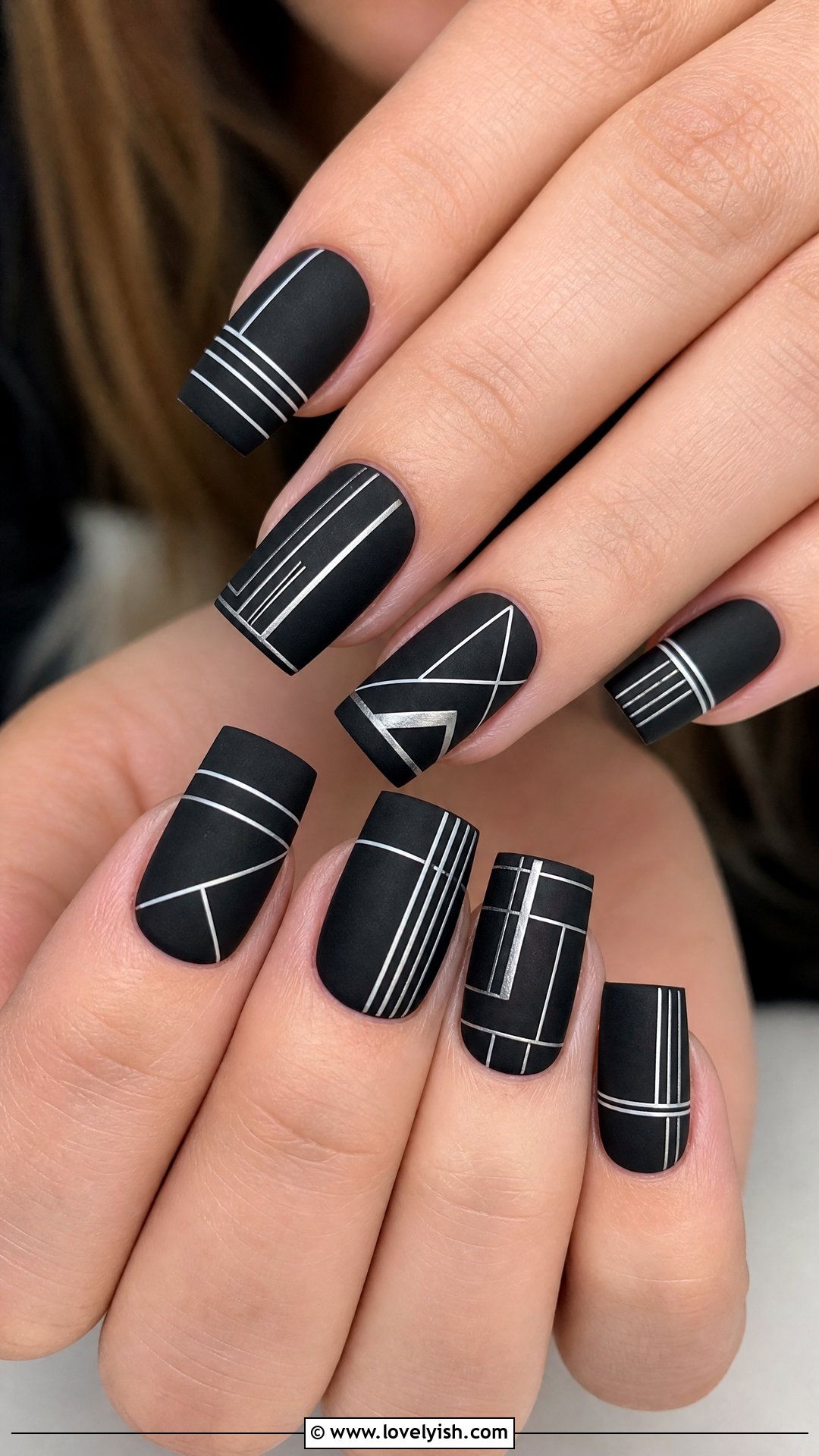 Matte Black Geometric Line Nails - 50 matte black nails - 50 matte black nails
