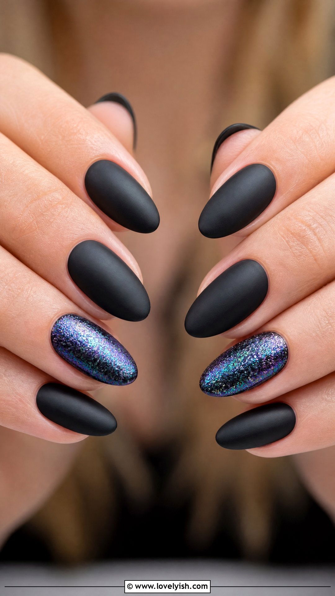 Matte Black Iridescent Glitter Accent - 50 matte black nails - 50 matte black nails