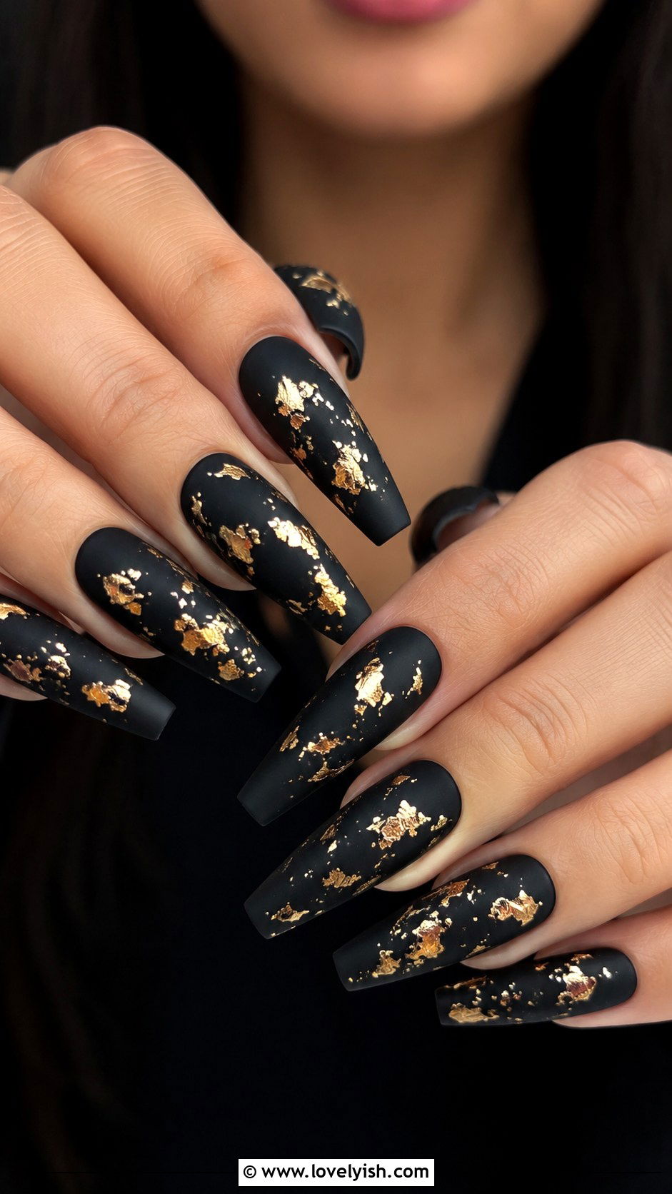 Matte Black Nails with Gold Foil Flecks - 50 black and gold nail designs - 50 black and gold nail designs