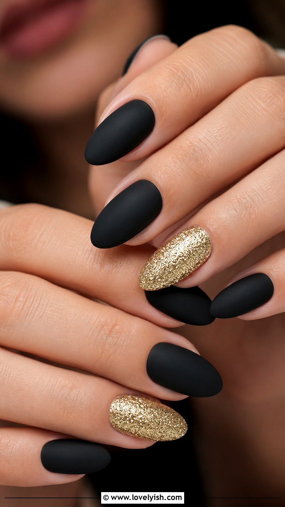 Matte Black Nails with Gold Glitter Accent Nail - 50 black and gold nail designs - 50 black and gold nail designs