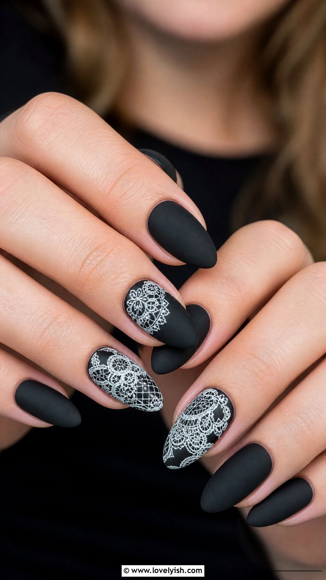 Matte Black White Lace Pattern Nails - 50 matte black nails - 50 matte black nails