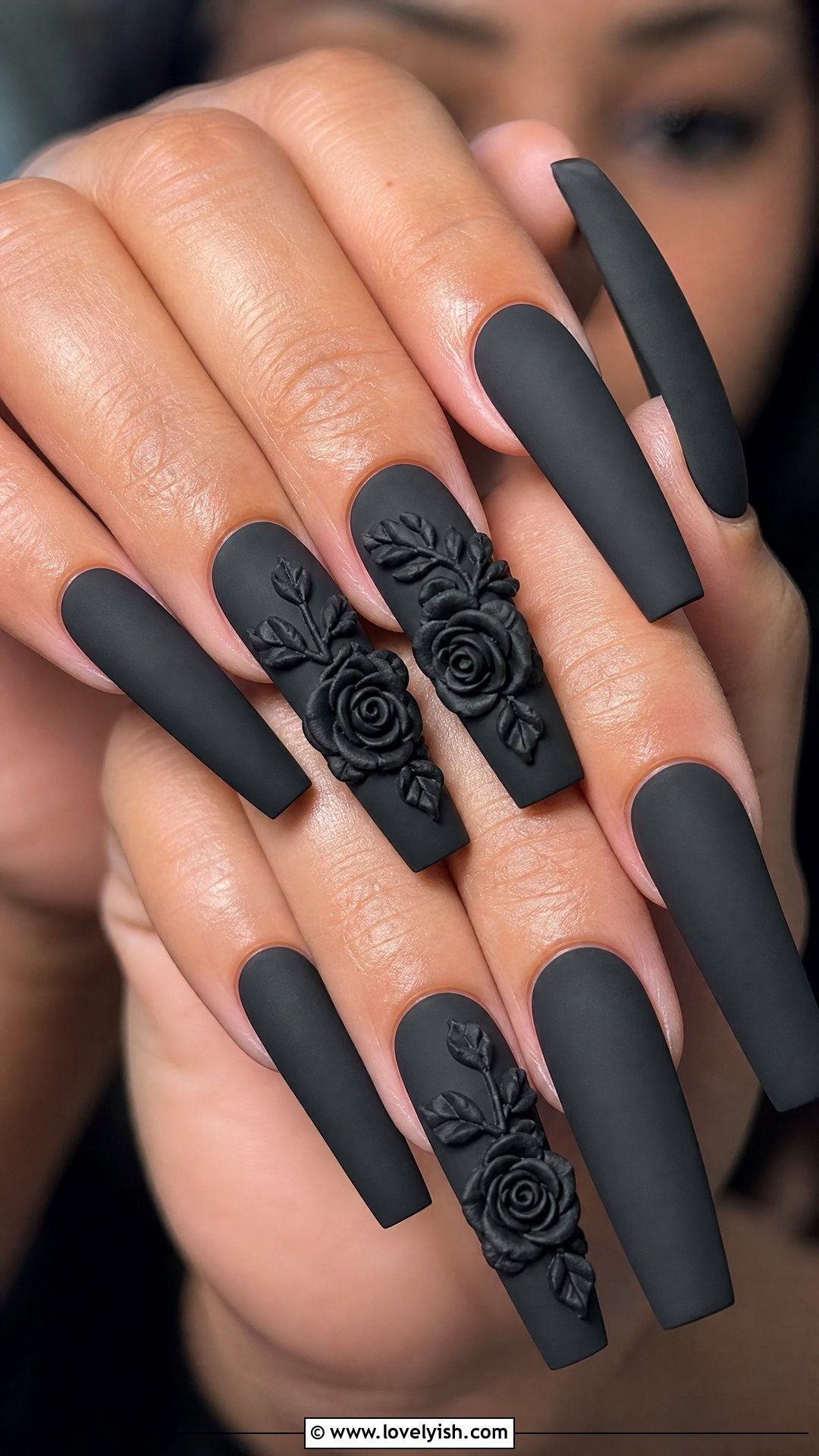 Matte Black With 3D Rose Accent - 50 matte black nails - 50 matte black nails