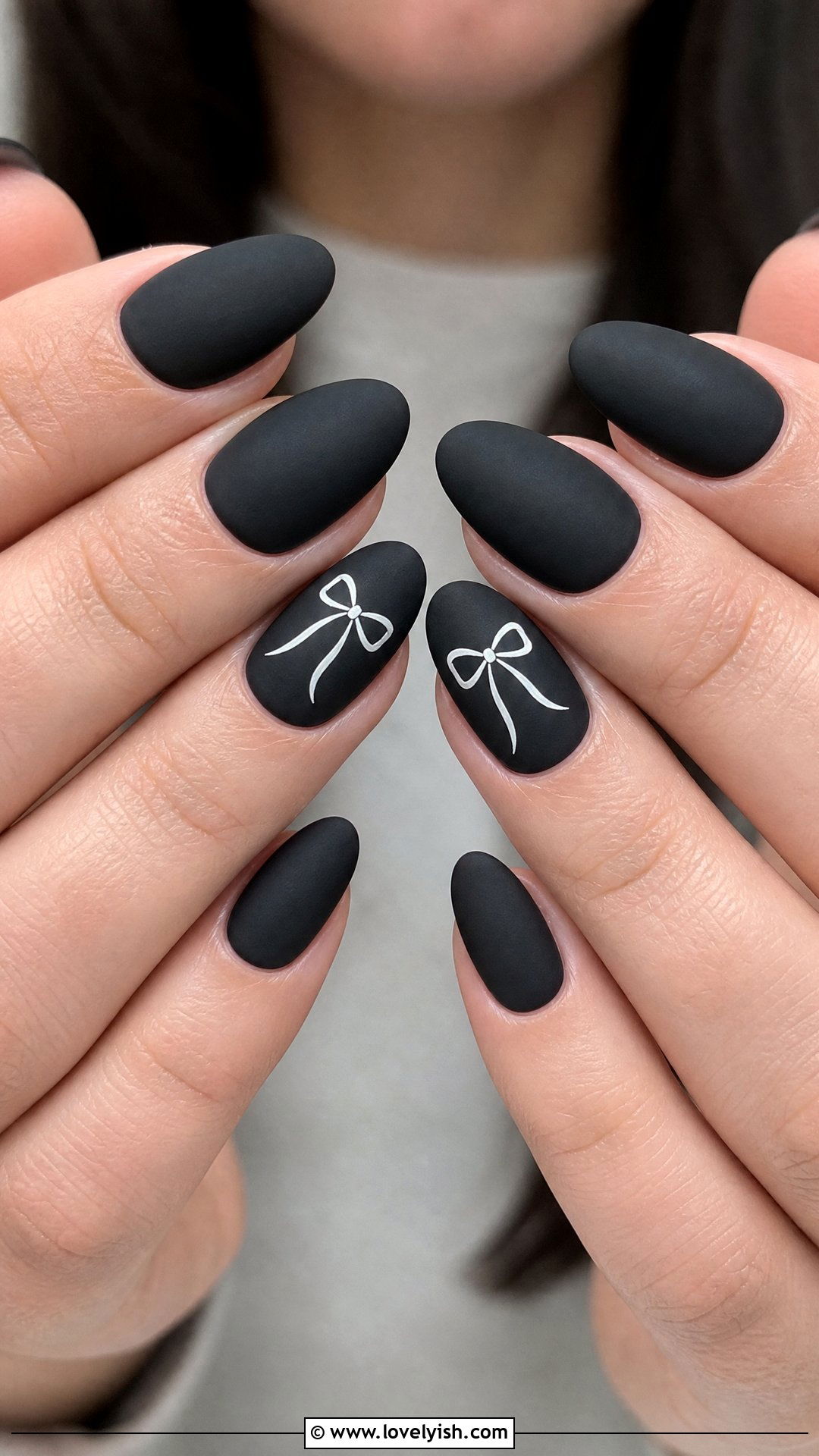 Matte Black With Bow Accent Nails - 50 matte black nails - 50 matte black nails