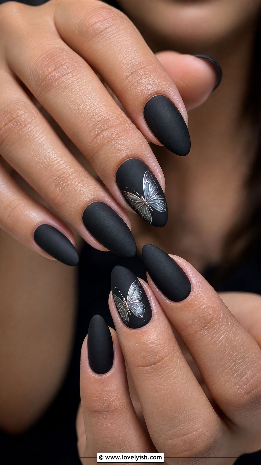 Matte Black With Butterfly Accent - 50 matte black nails - 50 matte black nails
