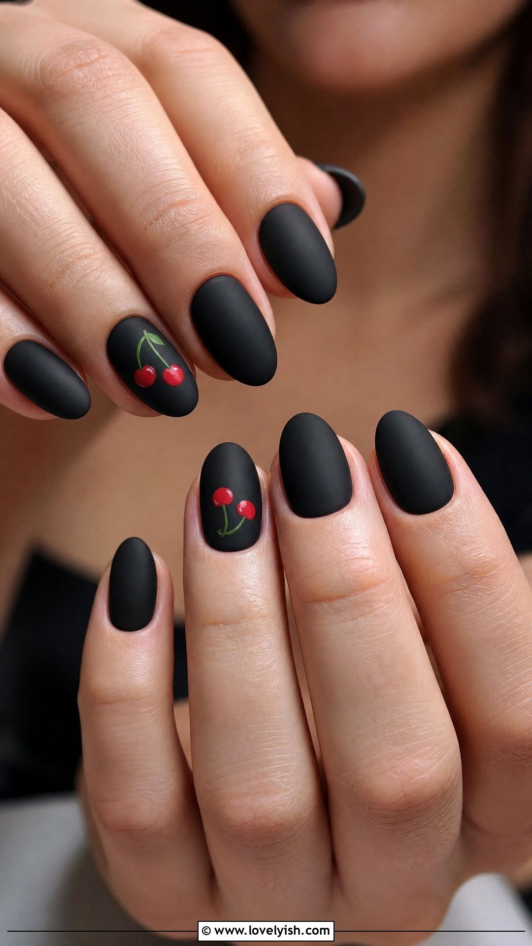 Matte Black With Cherry Accent Nails - 50 matte black nails - 50 matte black nails