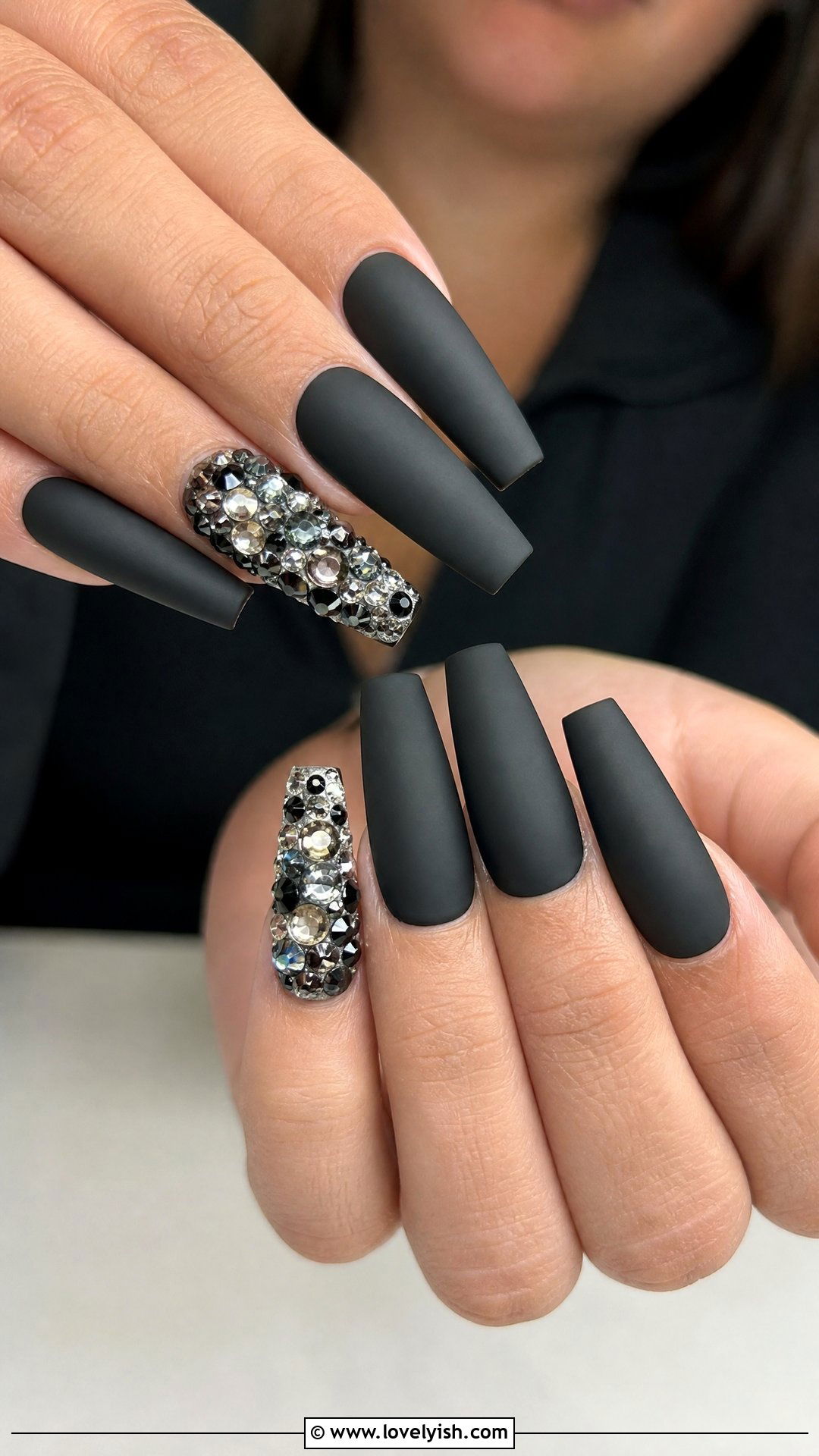 Matte Black With Gem Cluster Accent - 50 matte black nails - 50 matte black nails