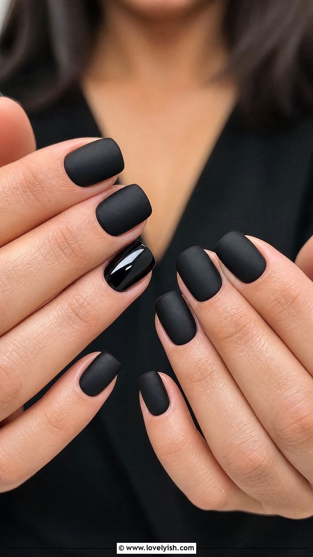 Matte Black With Glossy Accent - 50 short black nail designs - 50 short black nail designs
