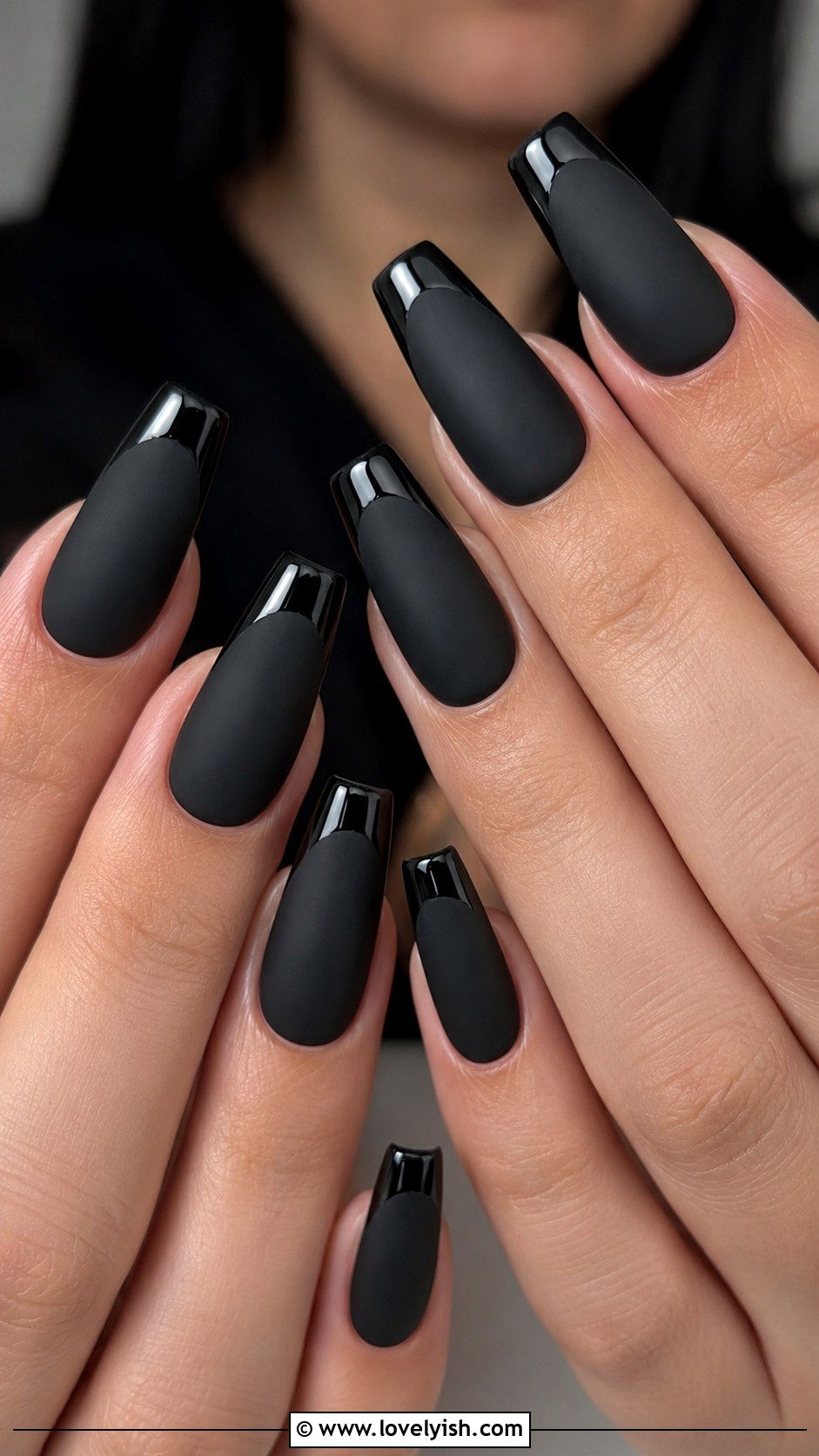 Matte Black With Glossy French Tips - 50 matte nails - 50 matte nails