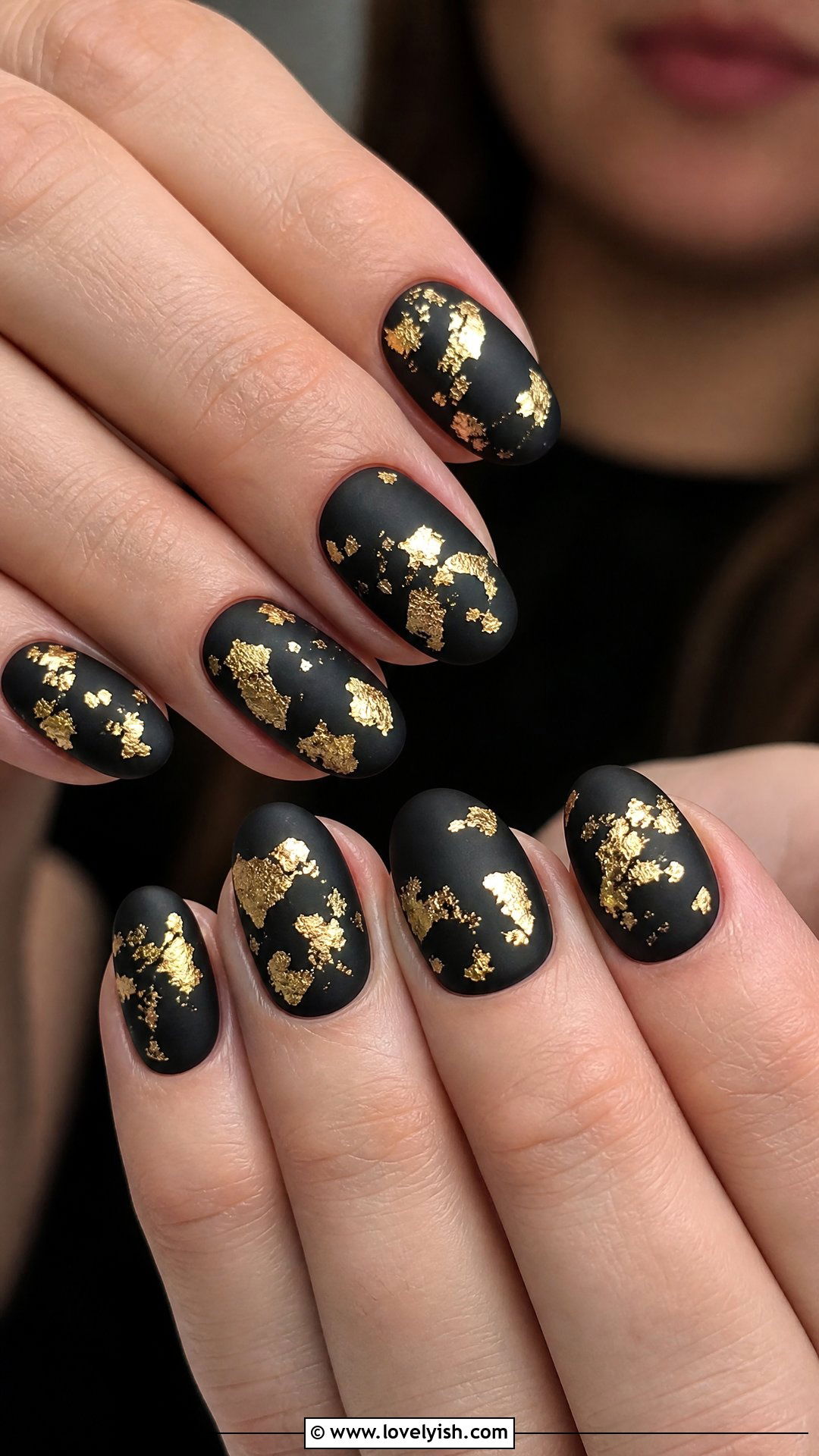 Matte Black With Gold Foil Flakes - 50 matte black nails - 50 matte black nails