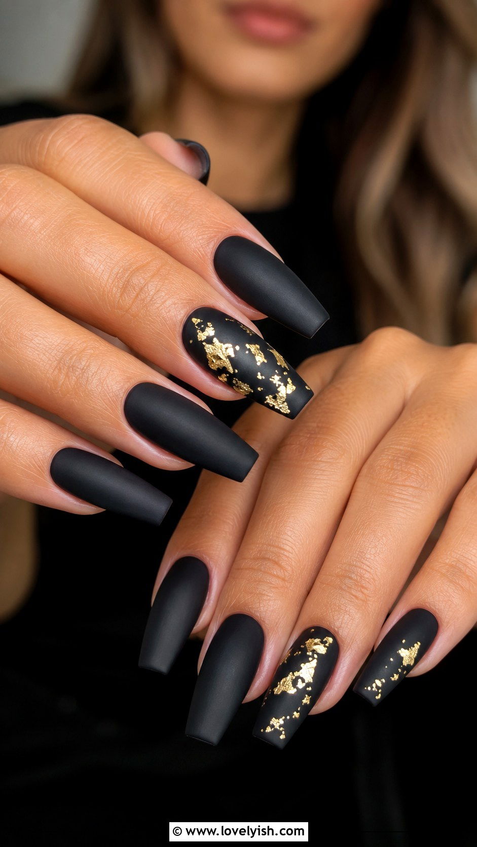 Matte Black With Gold Foil - 50 matte nails - 50 matte nails