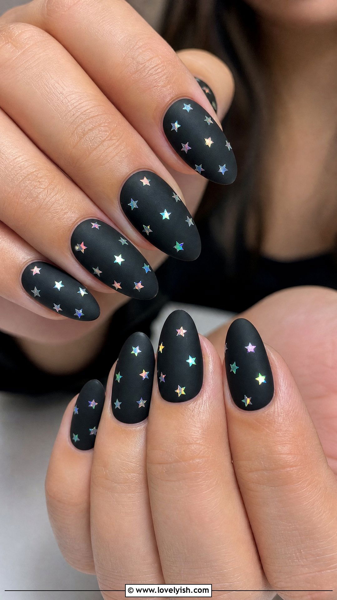 Matte Black With Holographic Star Accents - 50 matte black nails - 50 matte black nails