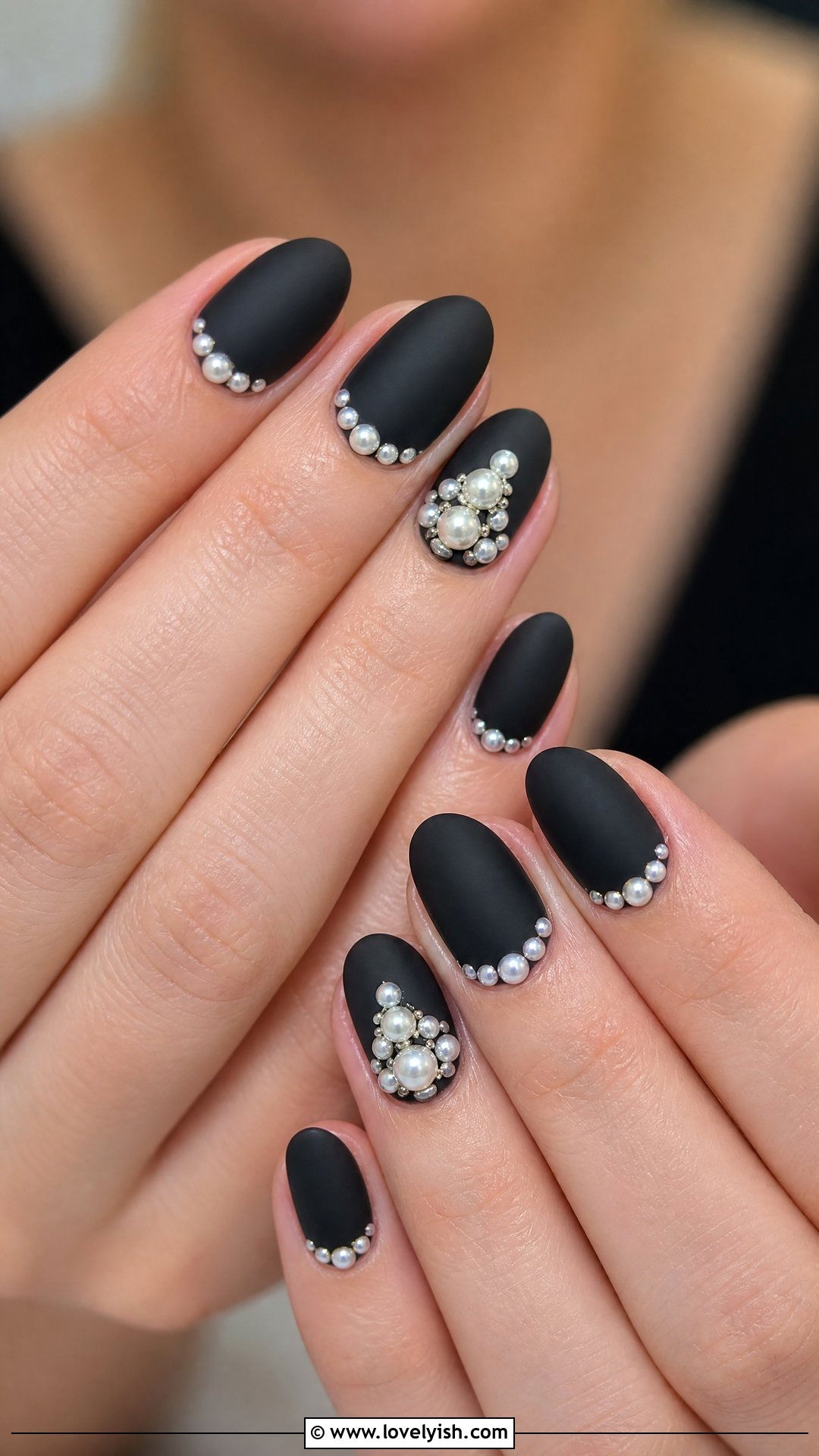 Matte Black With Pearl Embellishments - 50 matte black nails - 50 matte black nails