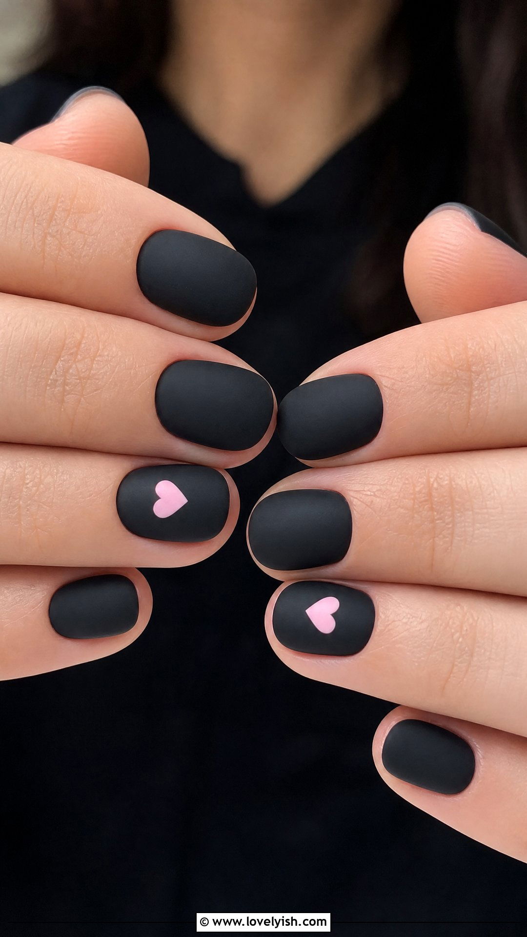 Matte Black With Pink Heart Accent - 50 matte black nails - 50 matte black nails