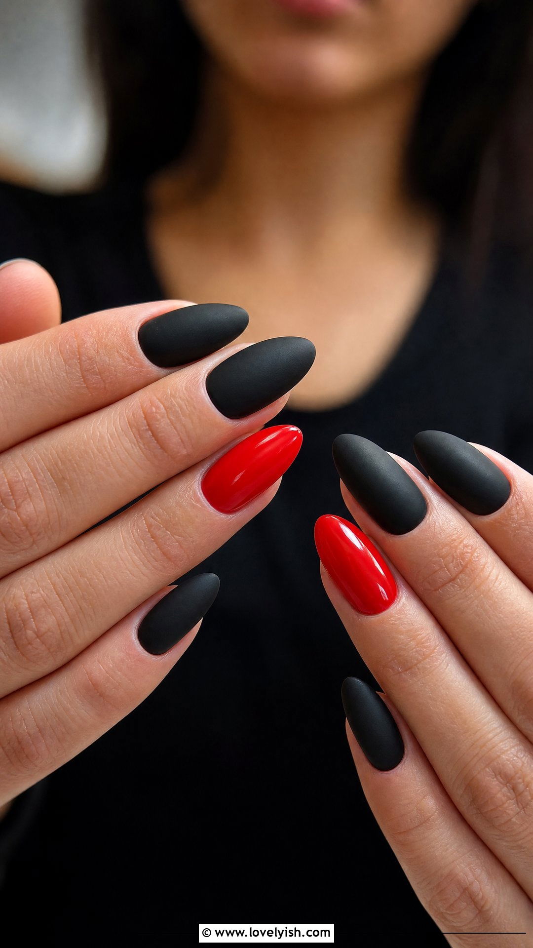 Matte Black With Red Accent Nails - 50 matte black nails - 50 matte black nails