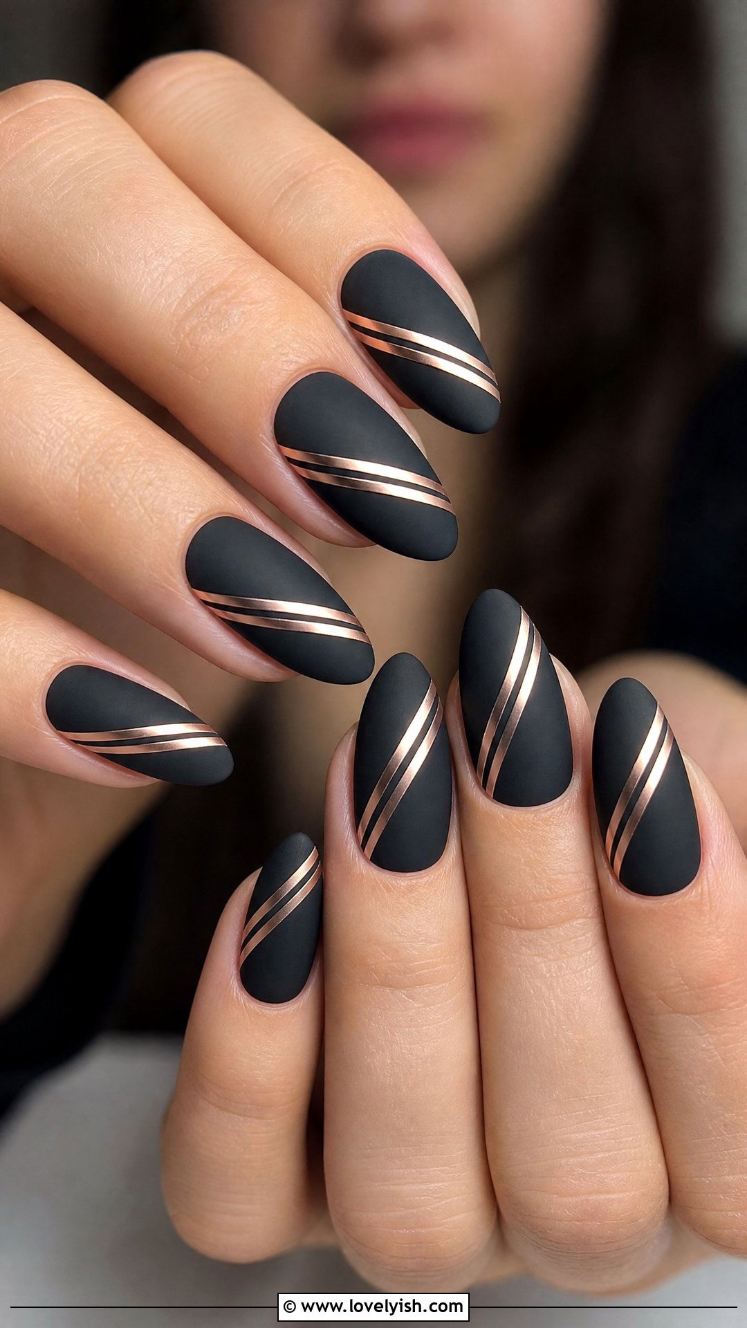 Matte Black With Rose Gold Stripes - 50 matte black nails - 50 matte black nails