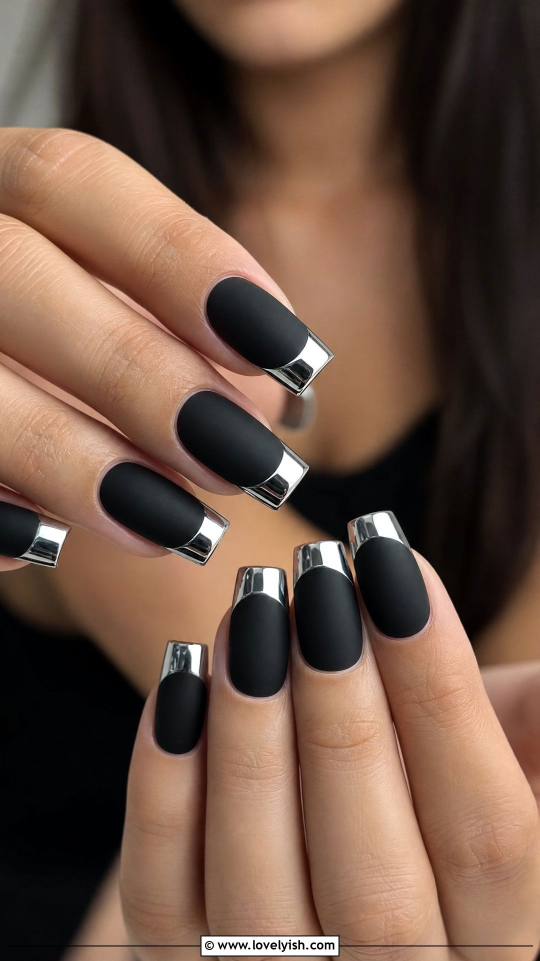 Matte Black With Silver Chrome Tips - 50 matte black nails - 50 matte black nails