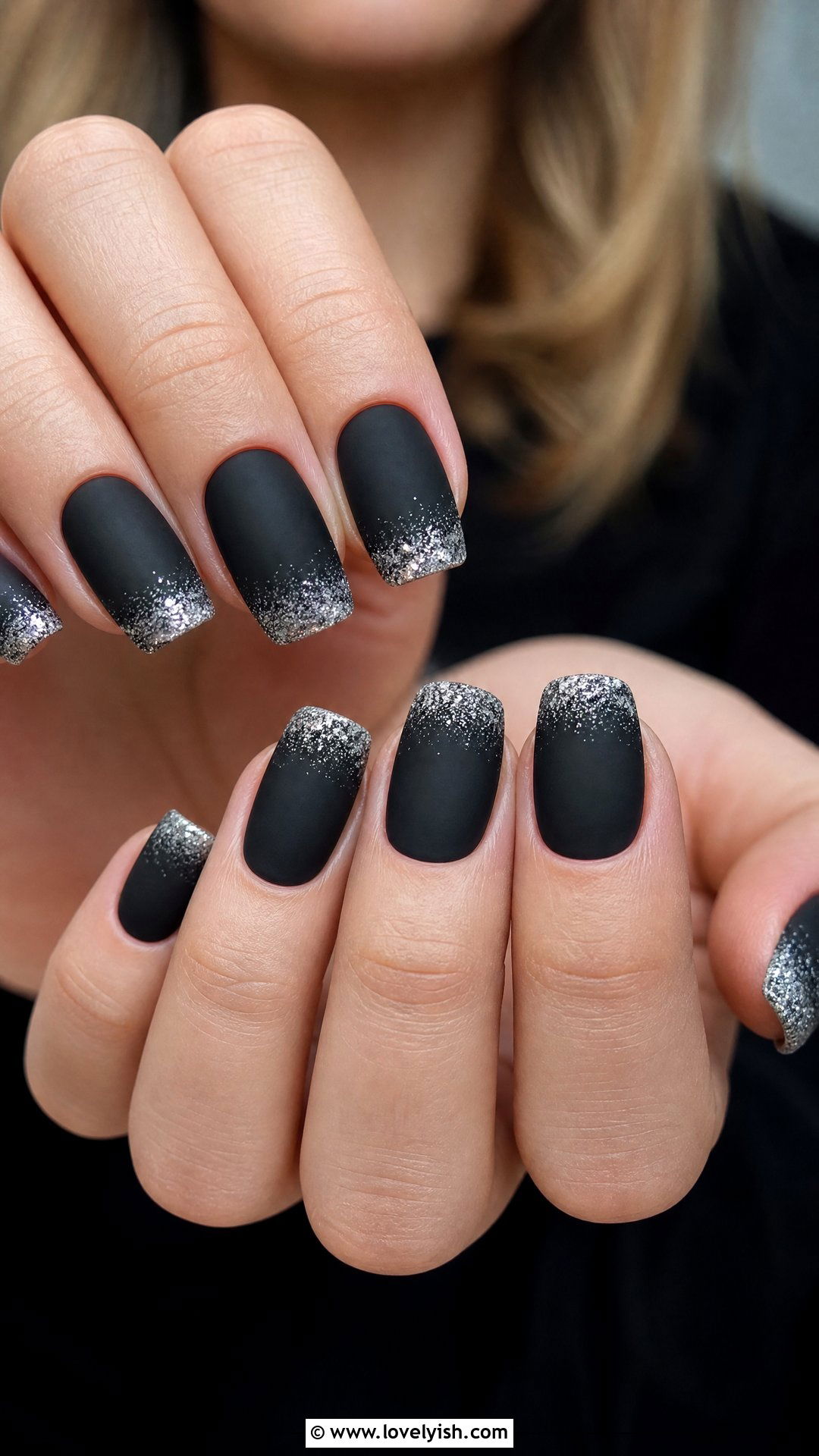 Matte Black With Silver Glitter Tips - 50 matte black nails - 50 matte black nails