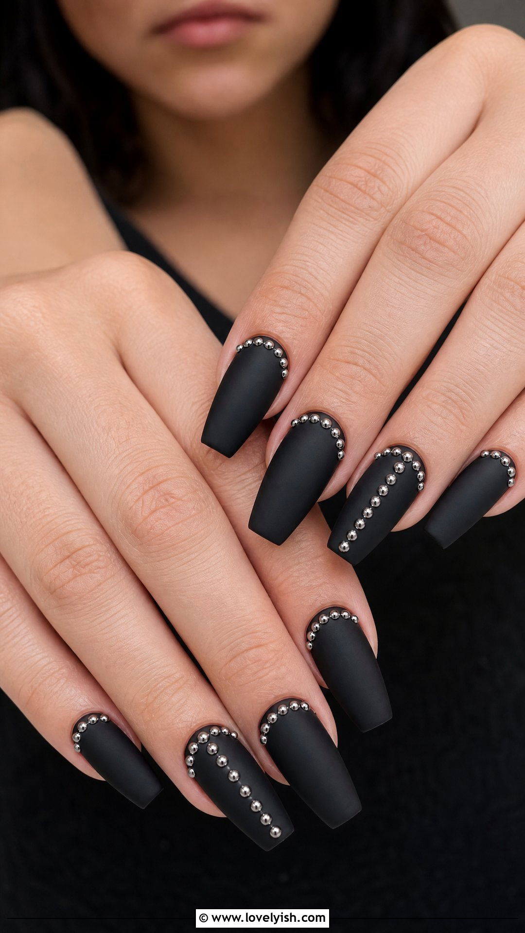 Matte Black With Silver Stud Detail - 50 matte black nails - 50 matte black nails
