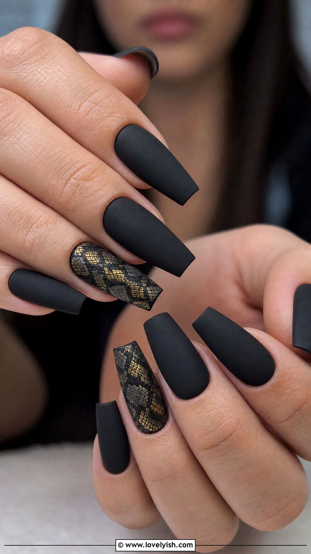 Matte Black With Snake Print Accents - 50 matte black nails - 50 matte black nails