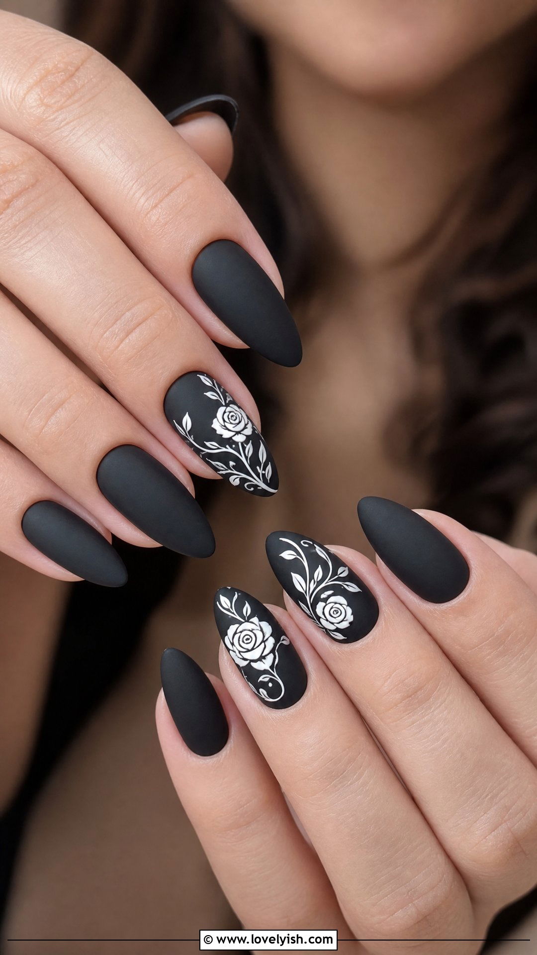 Matte Black With White Floral Accent Nails - 50 matte black nails - 50 matte black nails