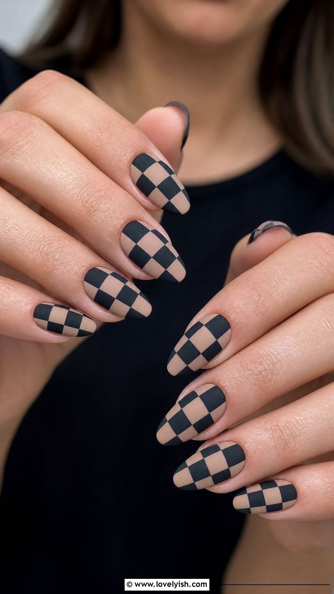 Matte Black and Nude Checkered Nails - 25 checkered nail designs - 25 checkered nail designs