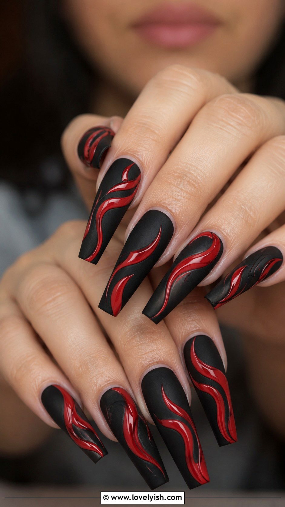 Matte Black and Red Swirl Nails - 50 swirl nails - 50 swirl nails