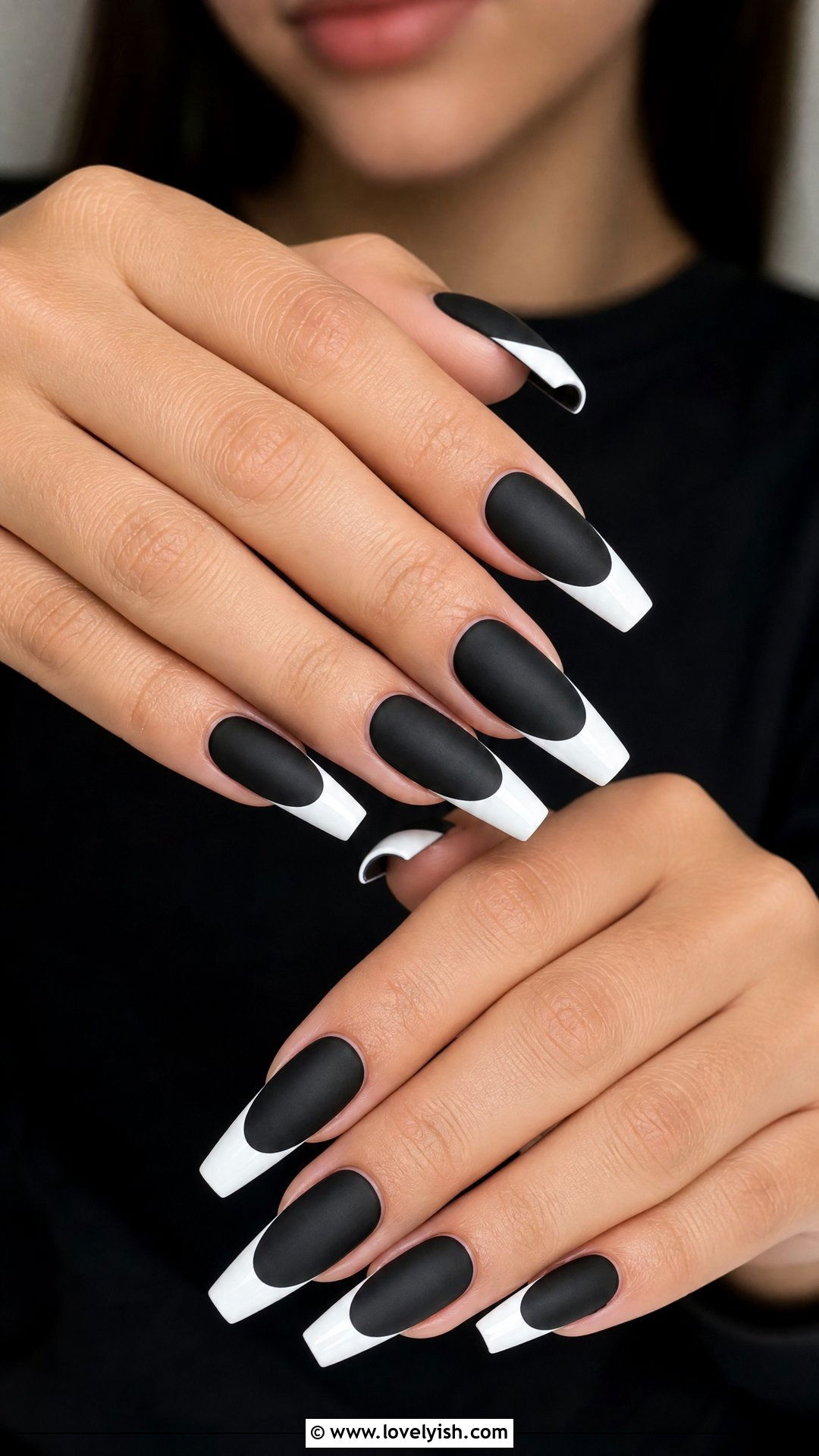Matte Black with Glossy White Tips - 25 black and white nail art ideas - 25 black and white nail art ideas