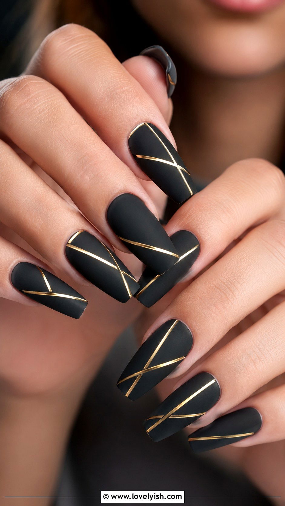 Matte Black with Gold Chrome Lines - 50 unique nail designs - 50 unique nail designs