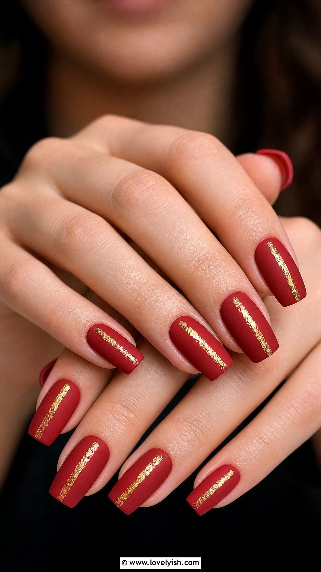Matte Red With Gold Foil Stripes - 50 red and gold nail design ideas - 50 red and gold nail design ideas