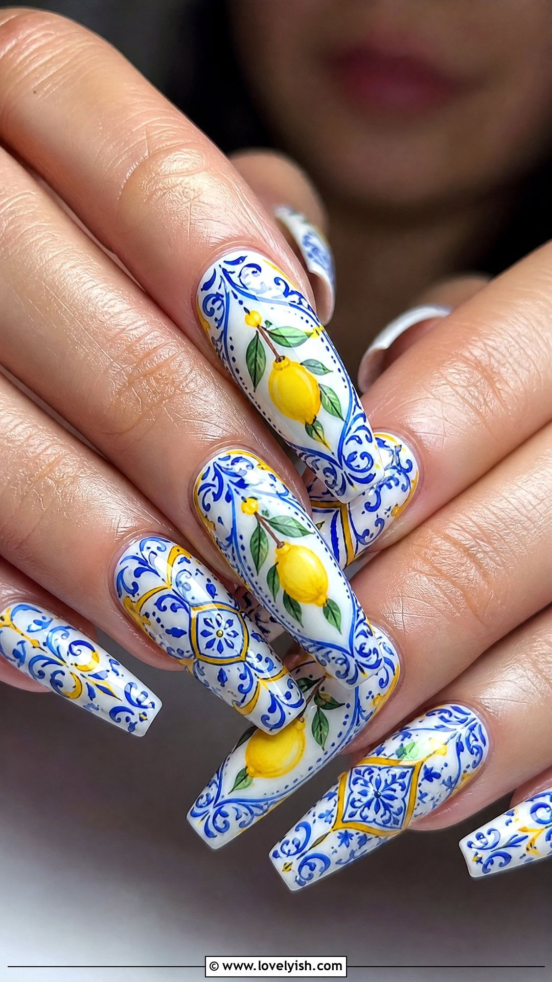 Mediterranean Lemon Tile Nails - 50 lemon nail design ideas - 50 lemon nail design ideas