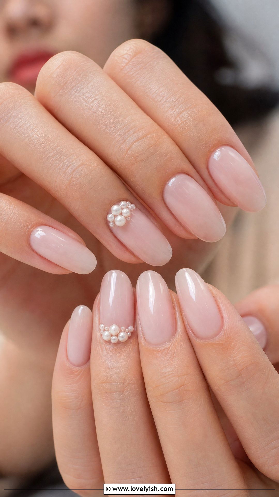 Milky Pink Pearl Accent Nails - 50 easy spring nail designs - 50 easy spring nail designs