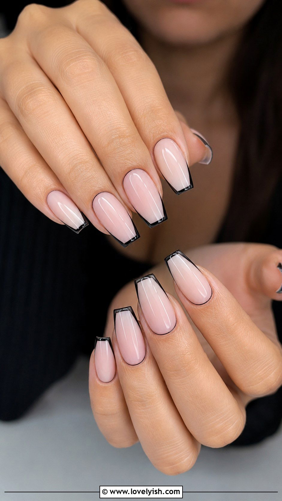 Milky Pink with Black Outline French Nails - 42 minimalist nail art - 42 minimalist nail art