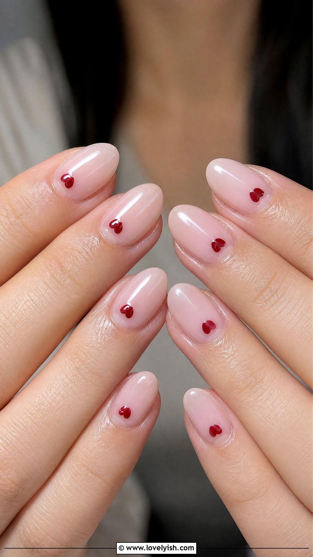 Milky Pink with Red Hearts - 50 red and pink nail designs - 50 red and pink nail designs